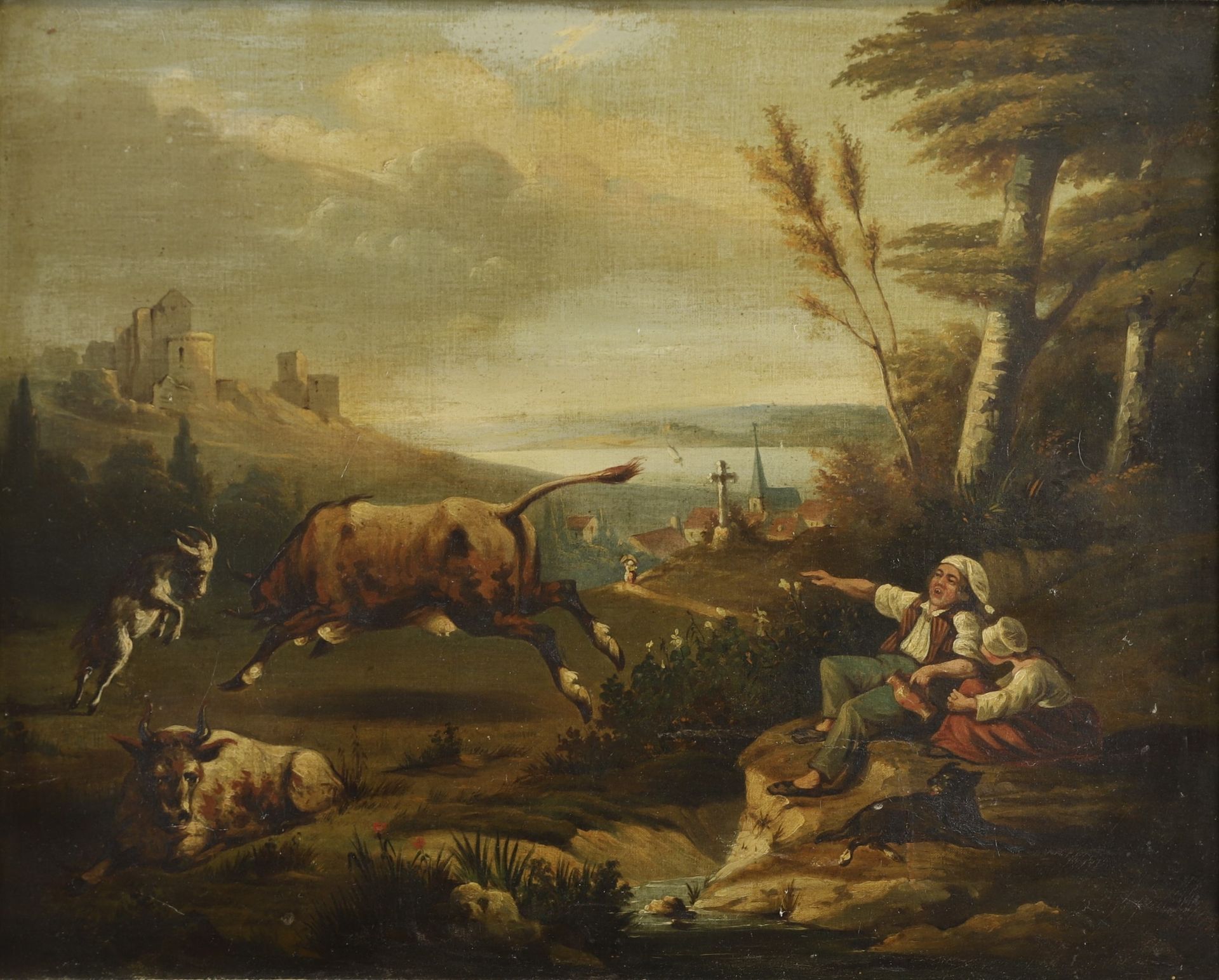 Null 十九世纪的法国学校，十八世纪的味道。一对牧羊人和他们的羊群。布面油画，65 x 81 cm