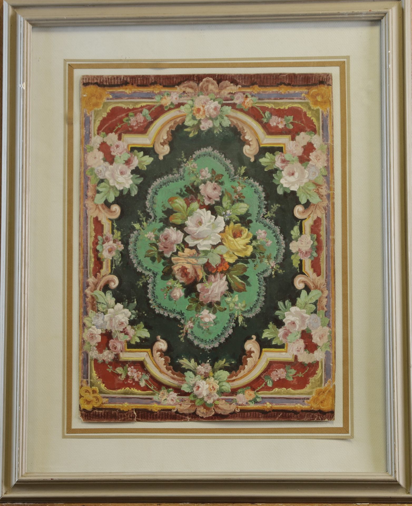 Null 十九世纪的法国学校。两个水彩画墙纸项目，有花和水果。38 x 27和30 x 19厘米