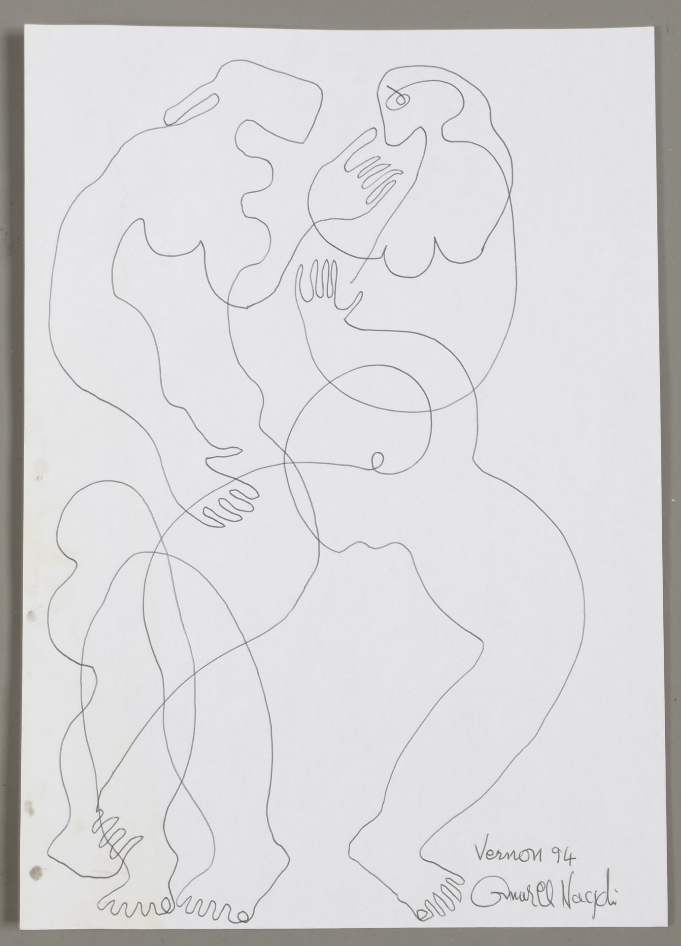 Null 奥马尔-埃尔-纳吉（1931-2019）。恋人》，1994年。有签名的Biros画作，位于 "Vernon"，右下方有日期。30 x 21 厘米