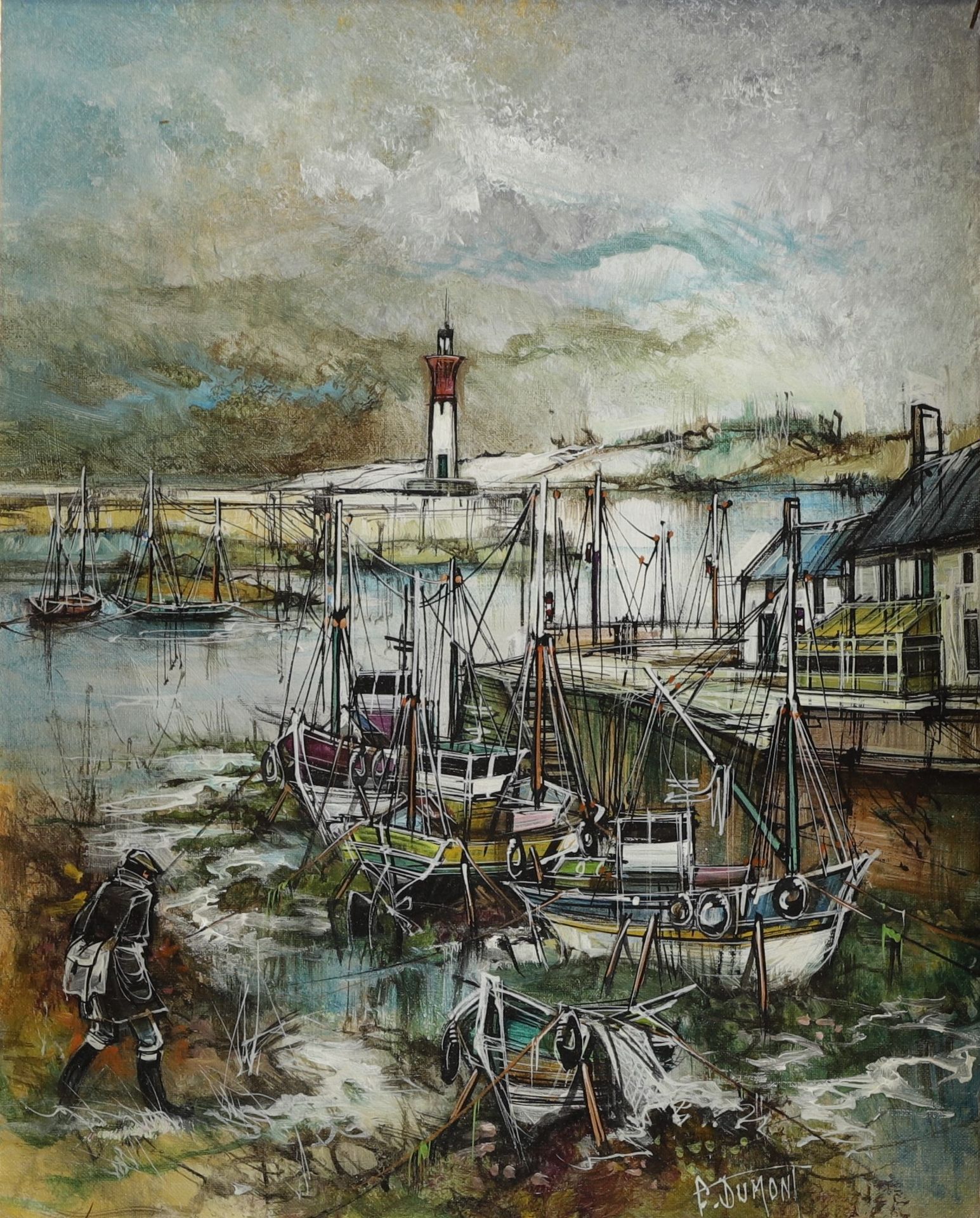 Null 克劳德-杜蒙（生于1938年）。渔船。布面油画，右下角有签名。41 x 32 cm