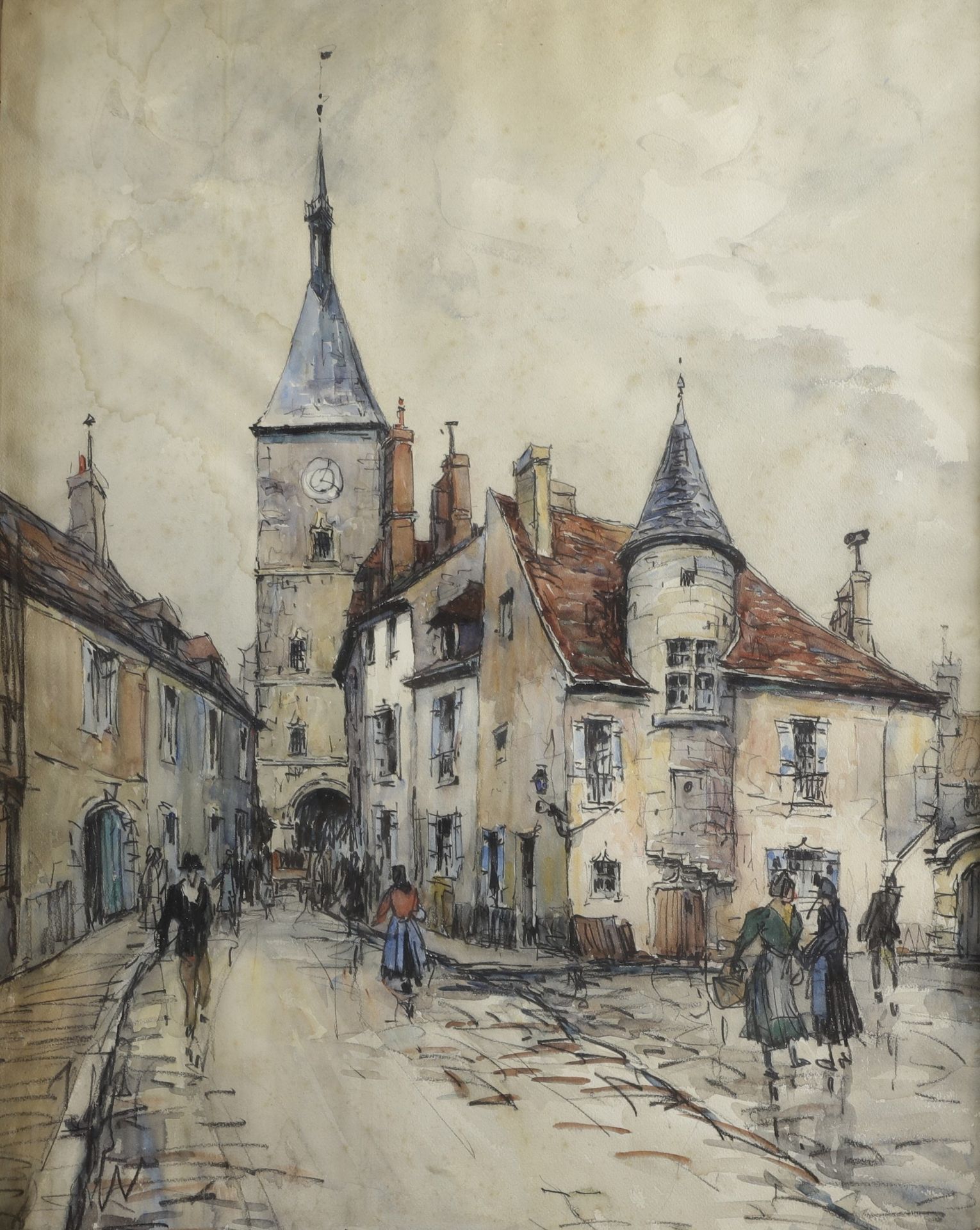 Null FRANK-WILL (1900-1951). Avallon, the Clock Tower. Watercolor and charcoal s&hellip;