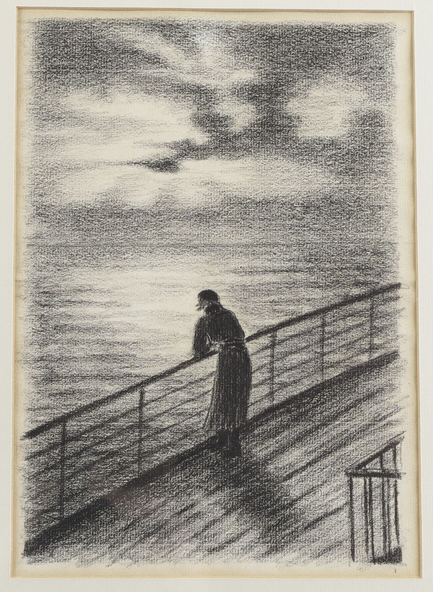 Null René PICHON, escuela francesa hacia 1900. Mujer contemplando el mar. Carbón&hellip;