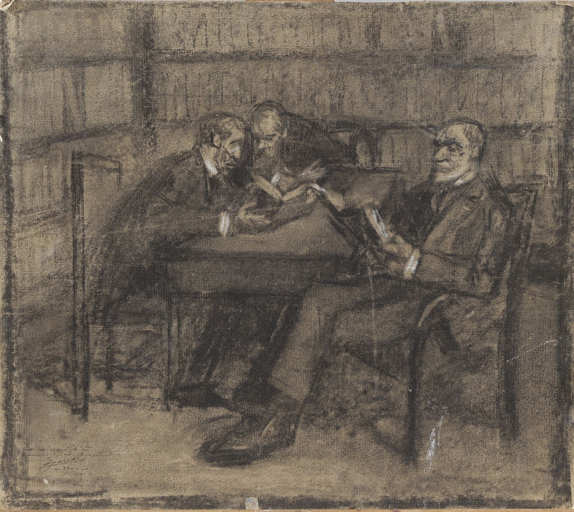 Null Lucien JONAS (1880-1947). Les trois lecteurs, 1909. Fusain et craie blanche&hellip;