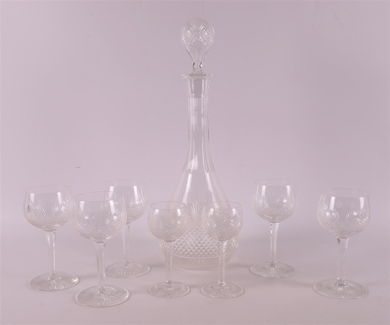 Null Decanter in cristallo trasparente con bicchieri, prima metà del XX secolo. &hellip;