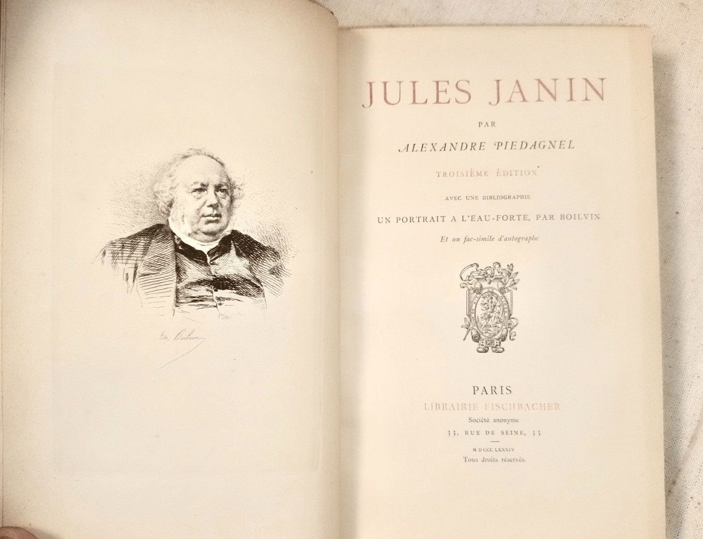 Null 
PIEDAGNEL (Alexandre). Jules Janin. Paris, Fischbacher, 1884. In-12, 173 p&hellip;