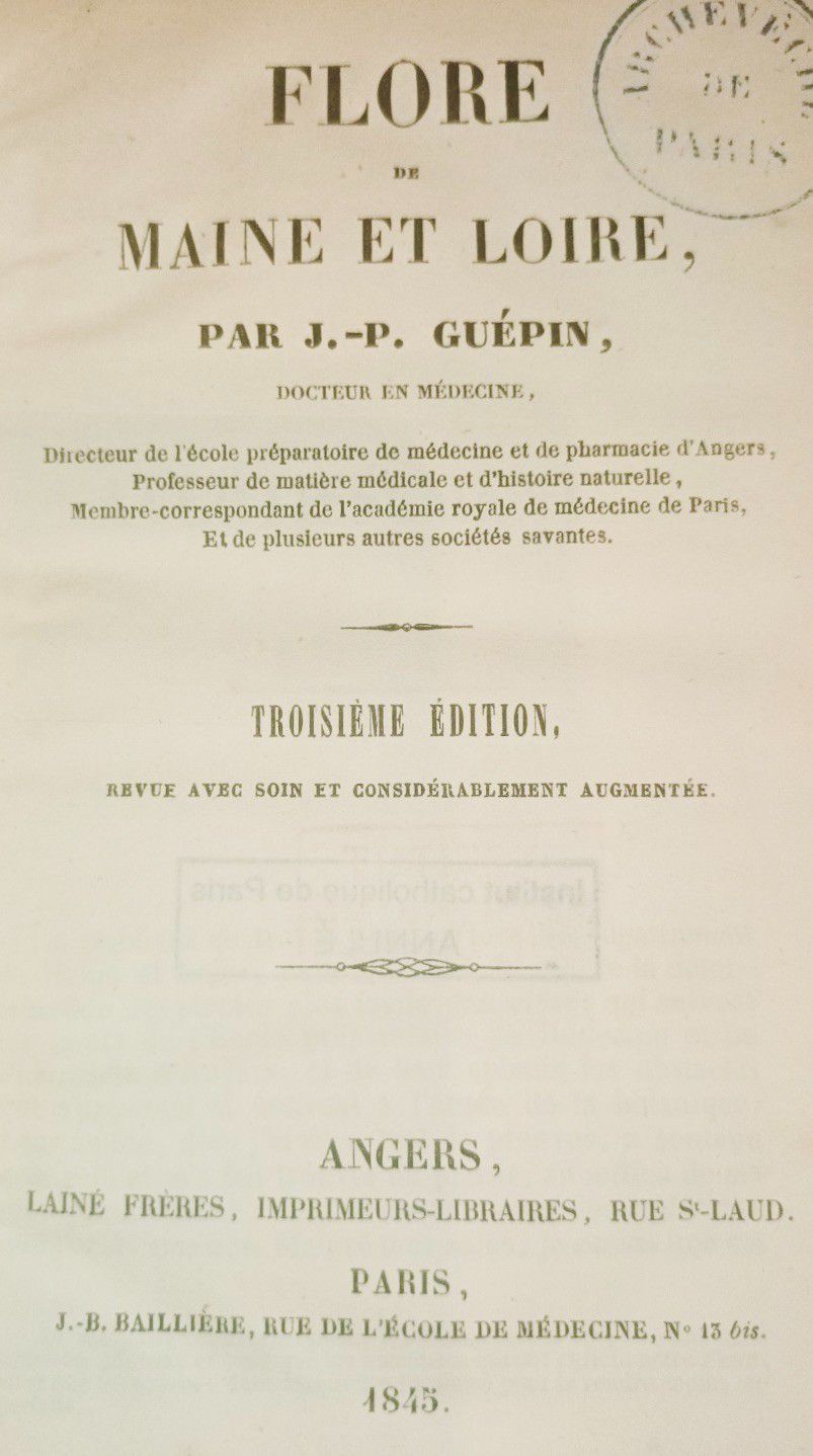 Null 
GUÉPIN (Jean-Baptiste). Flore de Maine et Loire. Troisième édition, revue &hellip;