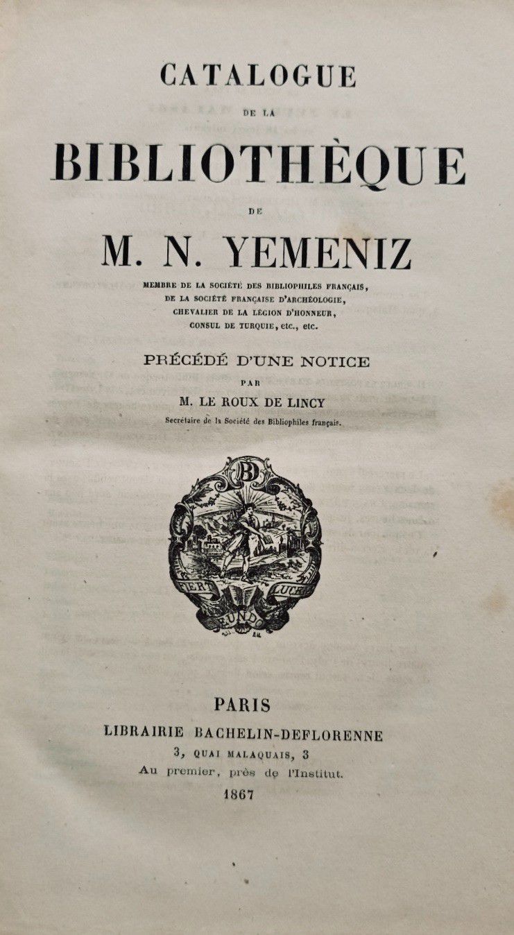 Null 
YEMENIZ (Nicolas). Catalogue de la Bibliothèque de M. N. Yéméniz, Membre d&hellip;