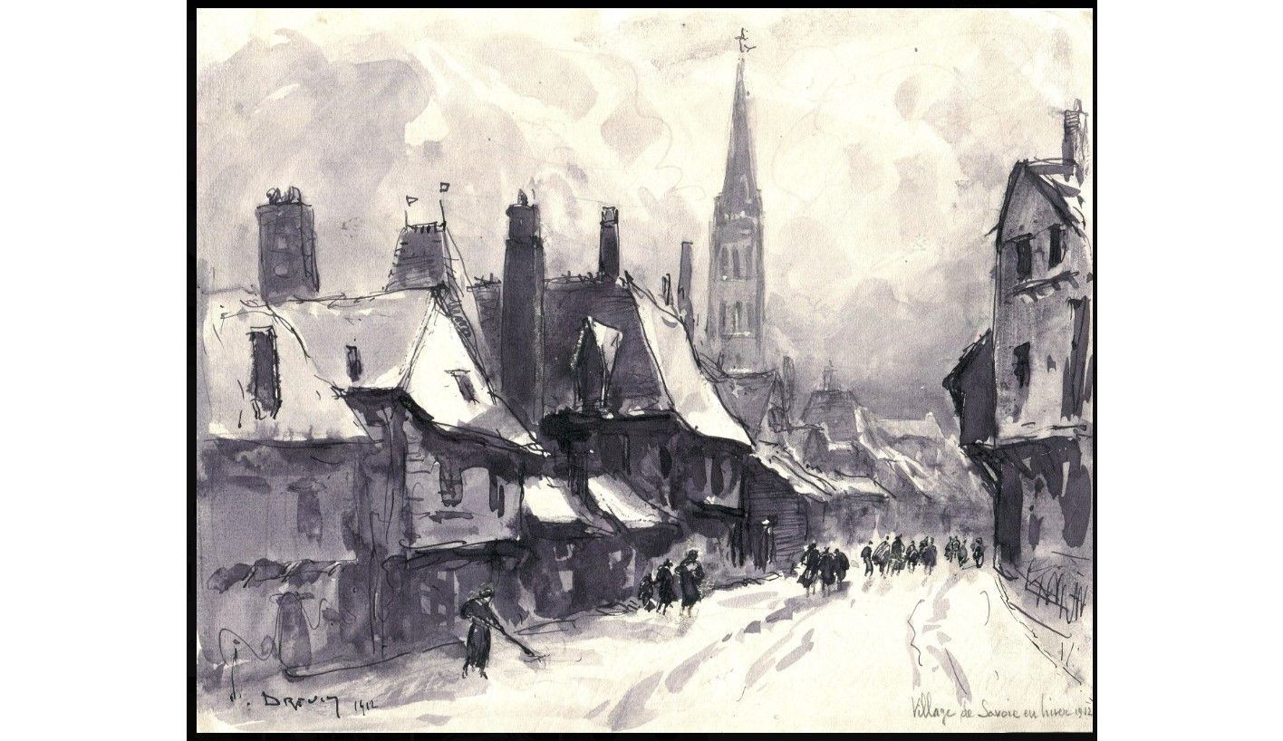Null 
DREVET (Joannès). Village de Savoie en hiver, 1912. Dessin à la plume et a&hellip;
