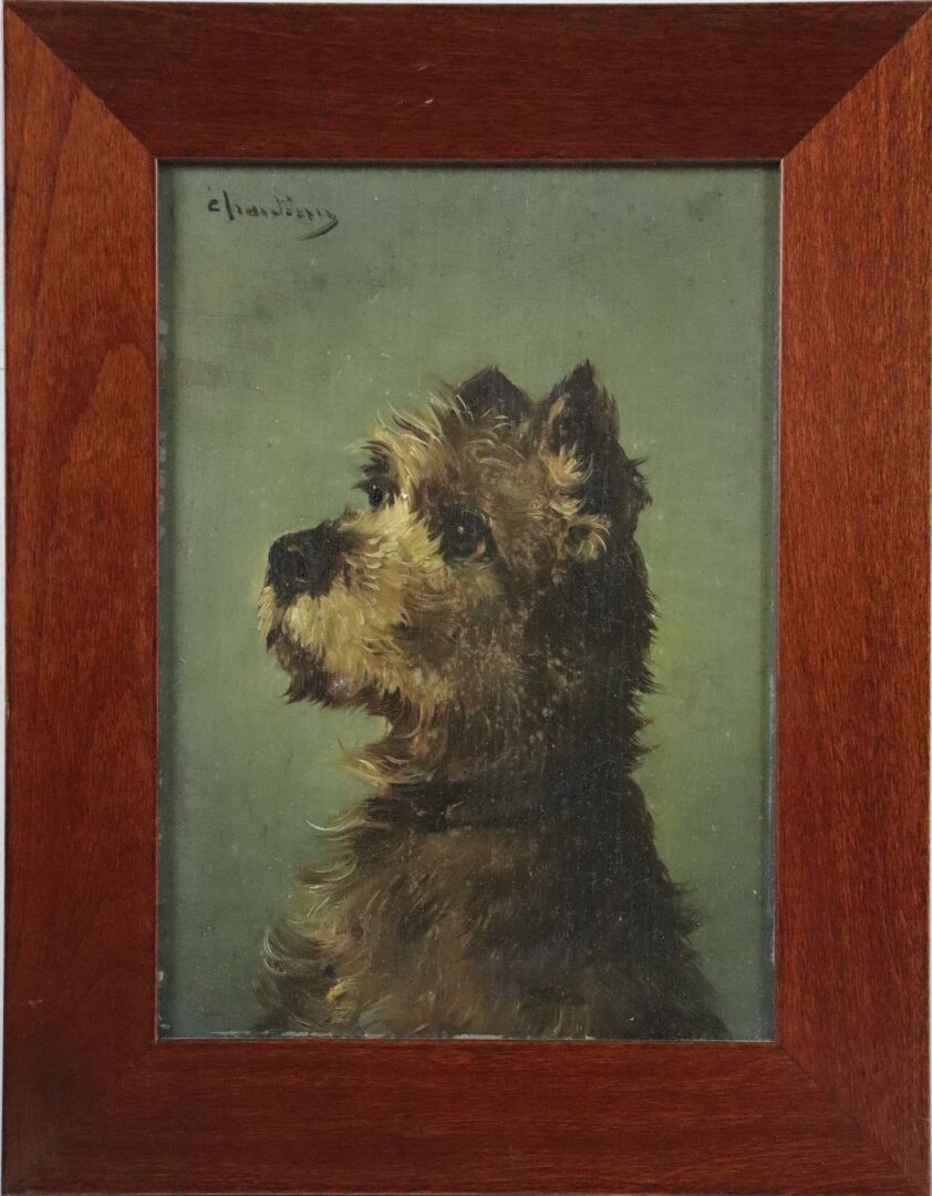Null 儒勒-夏尔迪尼（1842-1892）。

梗犬。

面板油画，左上角有签名。

高_22厘米，宽_16厘米