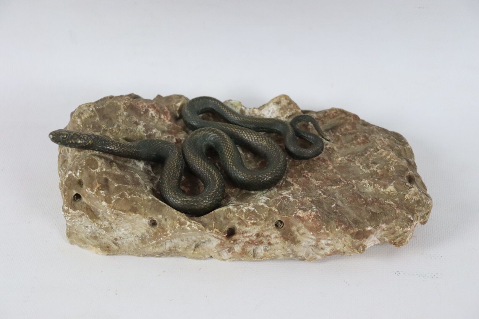 Null French school of the 20th century. 

Snake on its rock. 

Bronze with a gol&hellip;