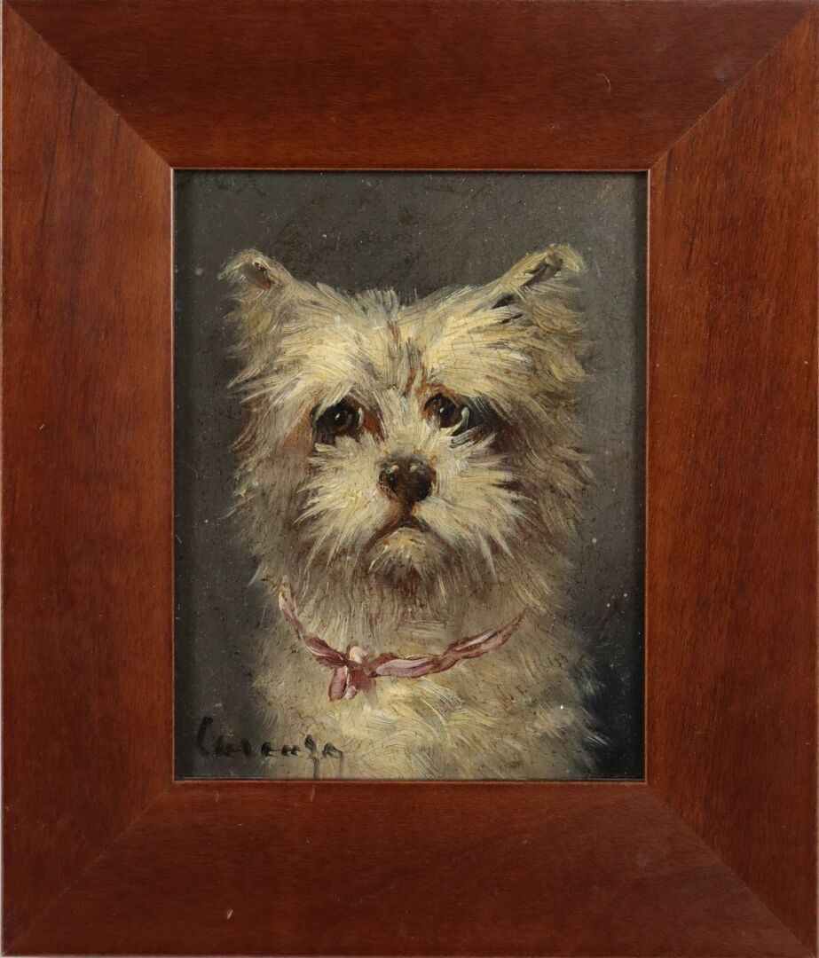 Null 儒勒-夏尔迪尼（1842-1892）。

带着粉色丝带的狗。

面板油画，左下角有签名。

高_13,5厘米，宽_10,7厘米