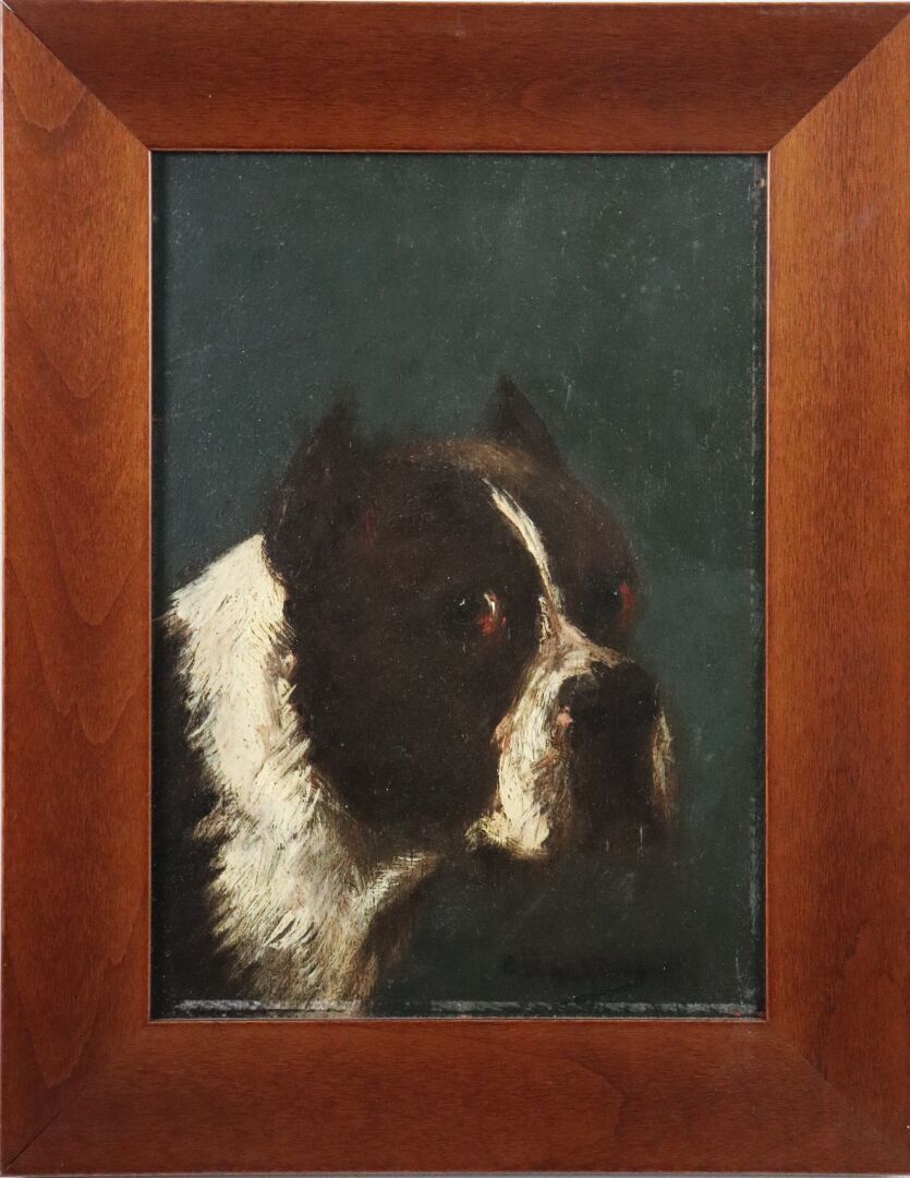 Null 儒勒-夏尔迪尼（1842-1892）。

美国斗牛犬。

面板油画，右下角有签名。

高_21,5厘米，宽_15,5厘米
