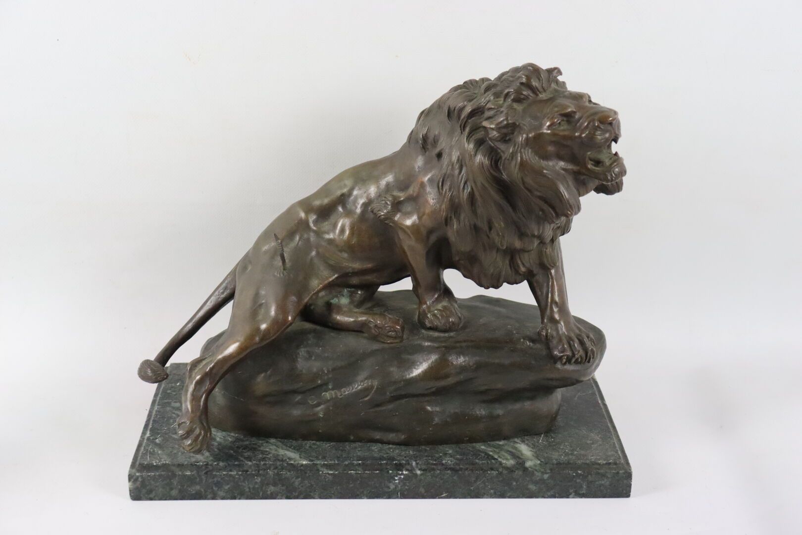 Null 克洛维-埃德蒙-马松（1838-1913）。

受伤的狮子。

青铜色，带有金色的铜锈，在露台上签名。

在一个绿色脉络的大理石底座上。

高_31,&hellip;