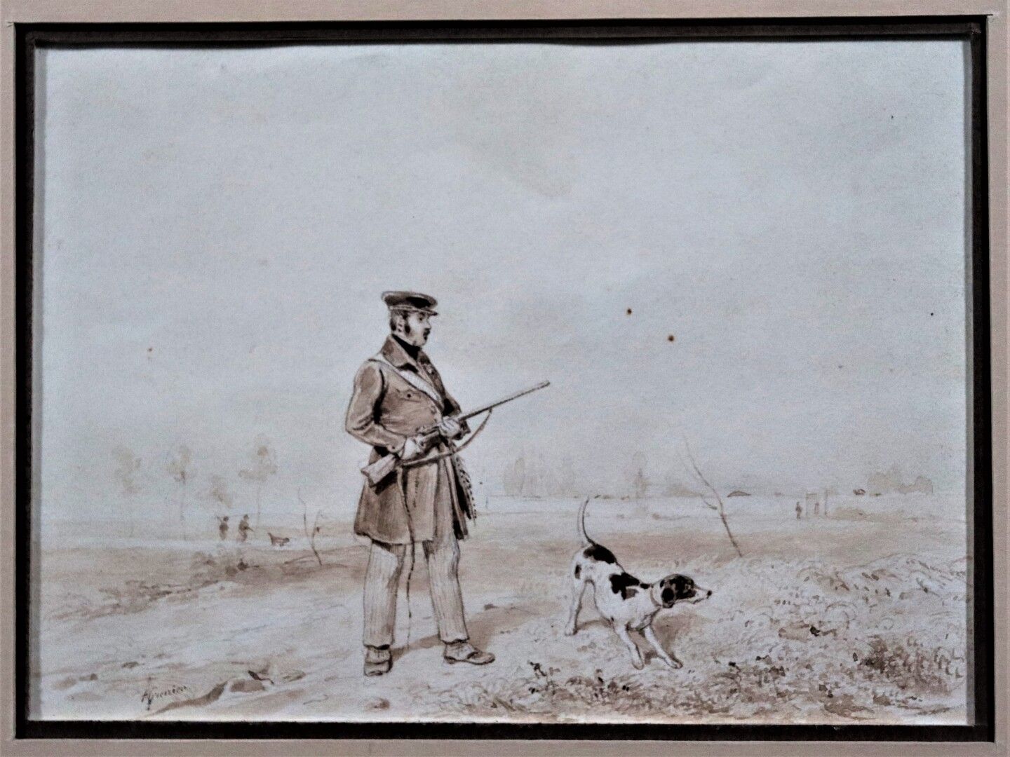 Null 弗朗索瓦-格莱尼耶-德-圣马丁(1793-1867)

猎人和他的狗

棕色水墨画，已签名

高_11厘米，宽_15厘米