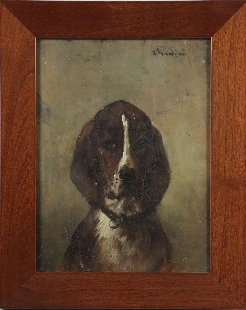 Null 儒勒-夏尔迪尼（1842-1892）。

英国尖头犬。

面板油画，右上角有签名。

高_24,5厘米，宽_18,5厘米