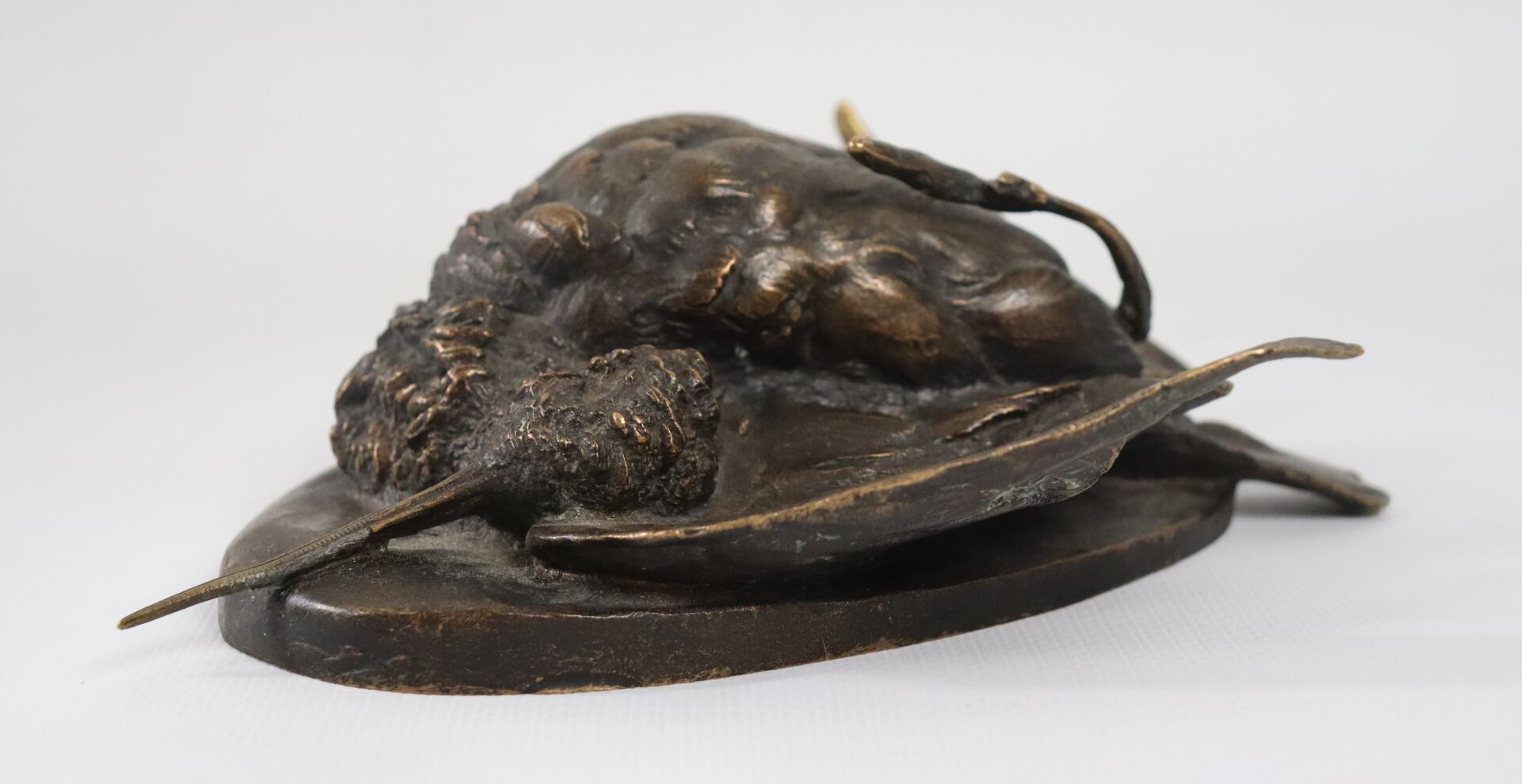 Null 
保罗-科莫莱拉（1818-1897）。




伍德科克。




棕色铜锈的青铜器，露台上有签名。




高_6厘米，长18.5厘米，缺一条腿
