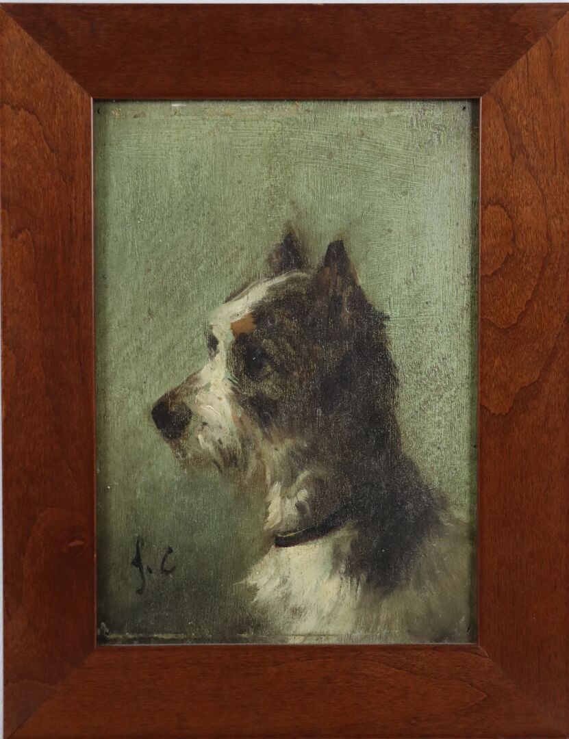 Null 儒勒-夏尔迪尼（1842-1892）。

梗犬。

板面油画，左下角有图案。

高_21厘米，宽_15厘米