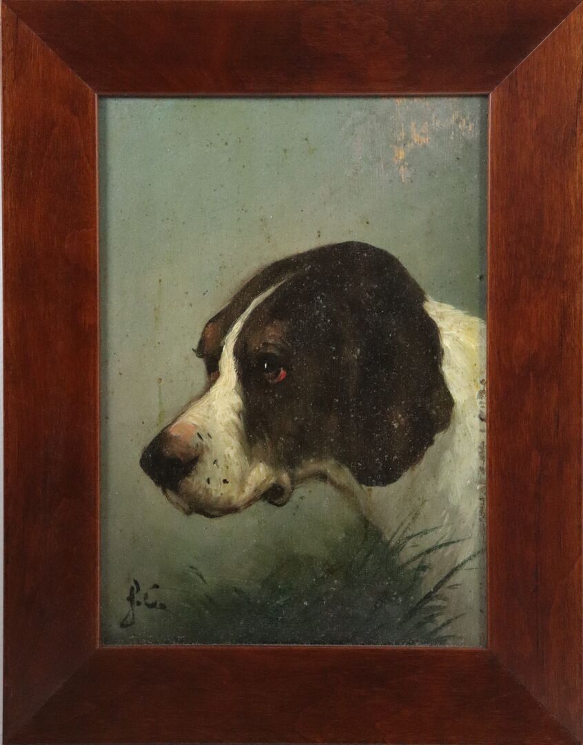 Null 儒勒-夏尔迪尼（1842-1892）。

斯班尼犬。

板面油画，左下角有图案。

高_21,5厘米，宽_15,5厘米
