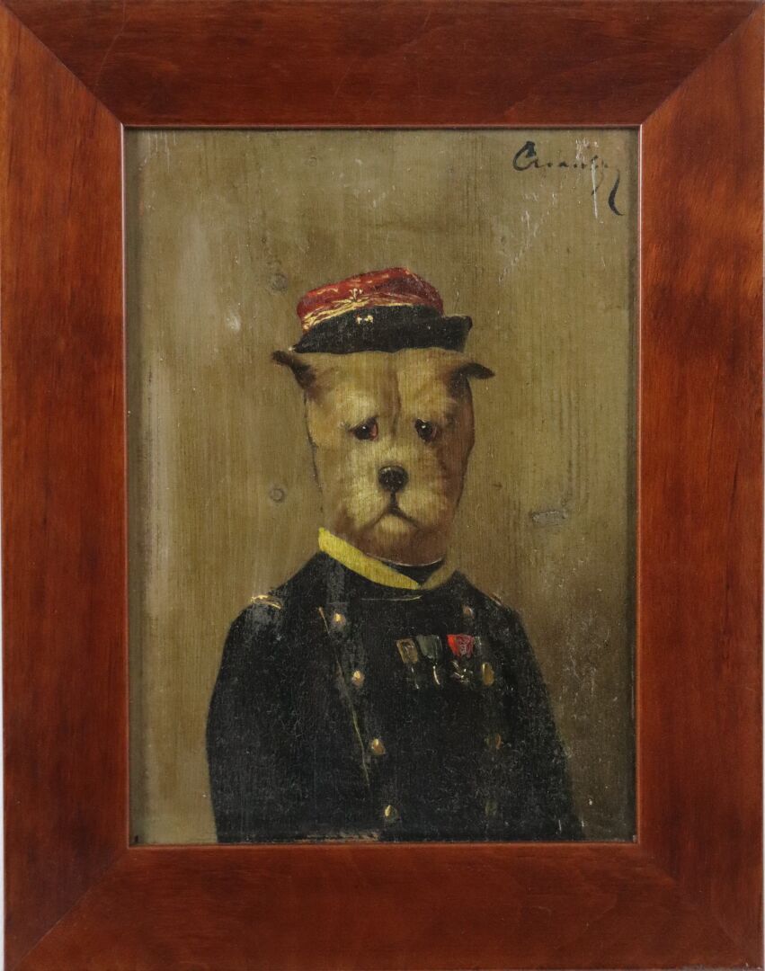 Null 儒勒-夏尔迪尼（1842-1892）。

军队中的Dogue。

面板油画，右上角有签名。

高_22厘米，宽_16厘米