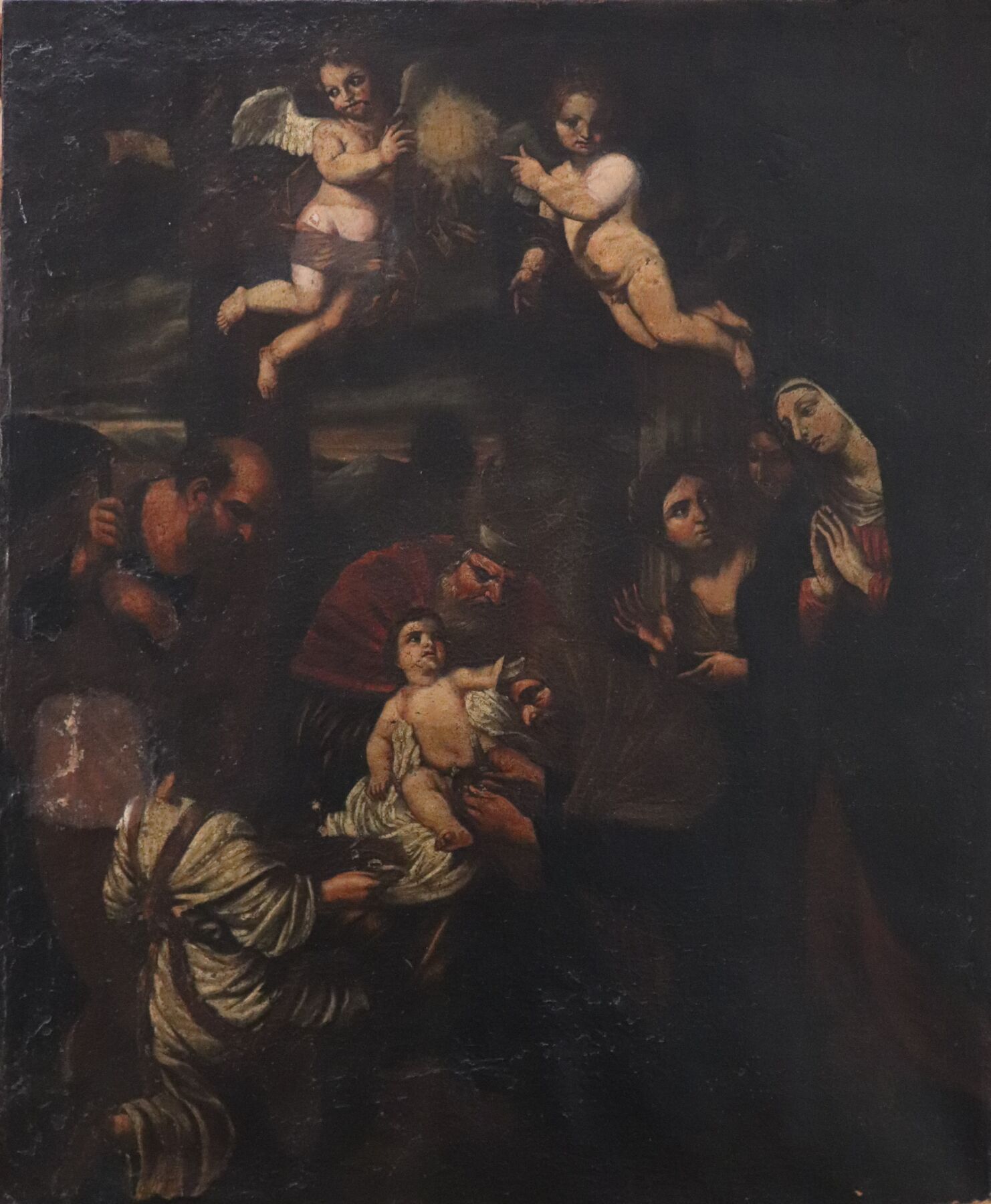 Null 17世纪的法国学校。
耶稣的割礼。 
布面油画。
高_74厘米，宽_61,4厘米，旧的修复和丢失的部分。