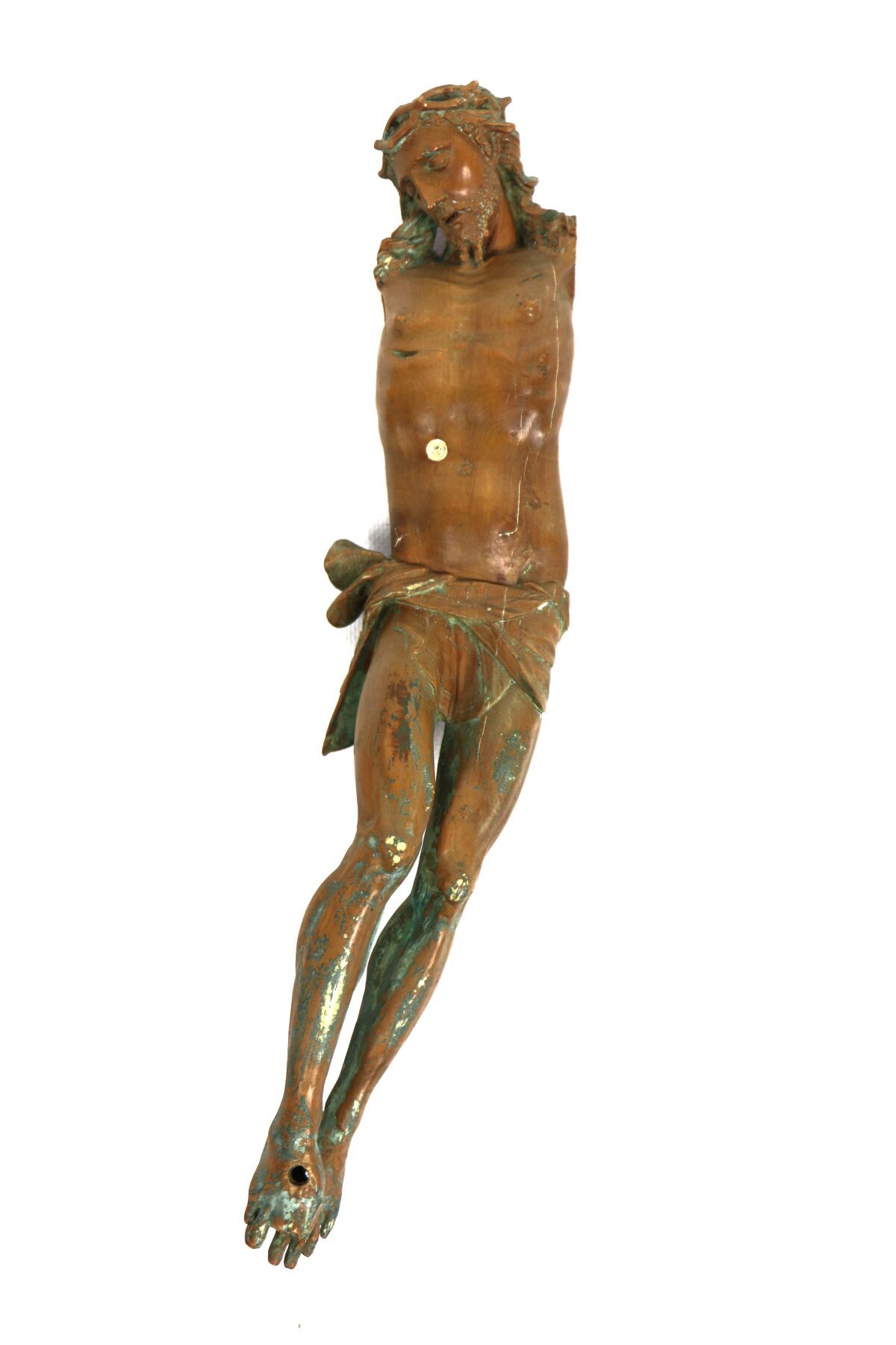 Null 软木雕刻的基督。
17世纪的民间艺术。
高_34.5厘米，手臂和脚部缺失，陈旧的绿色多色漆