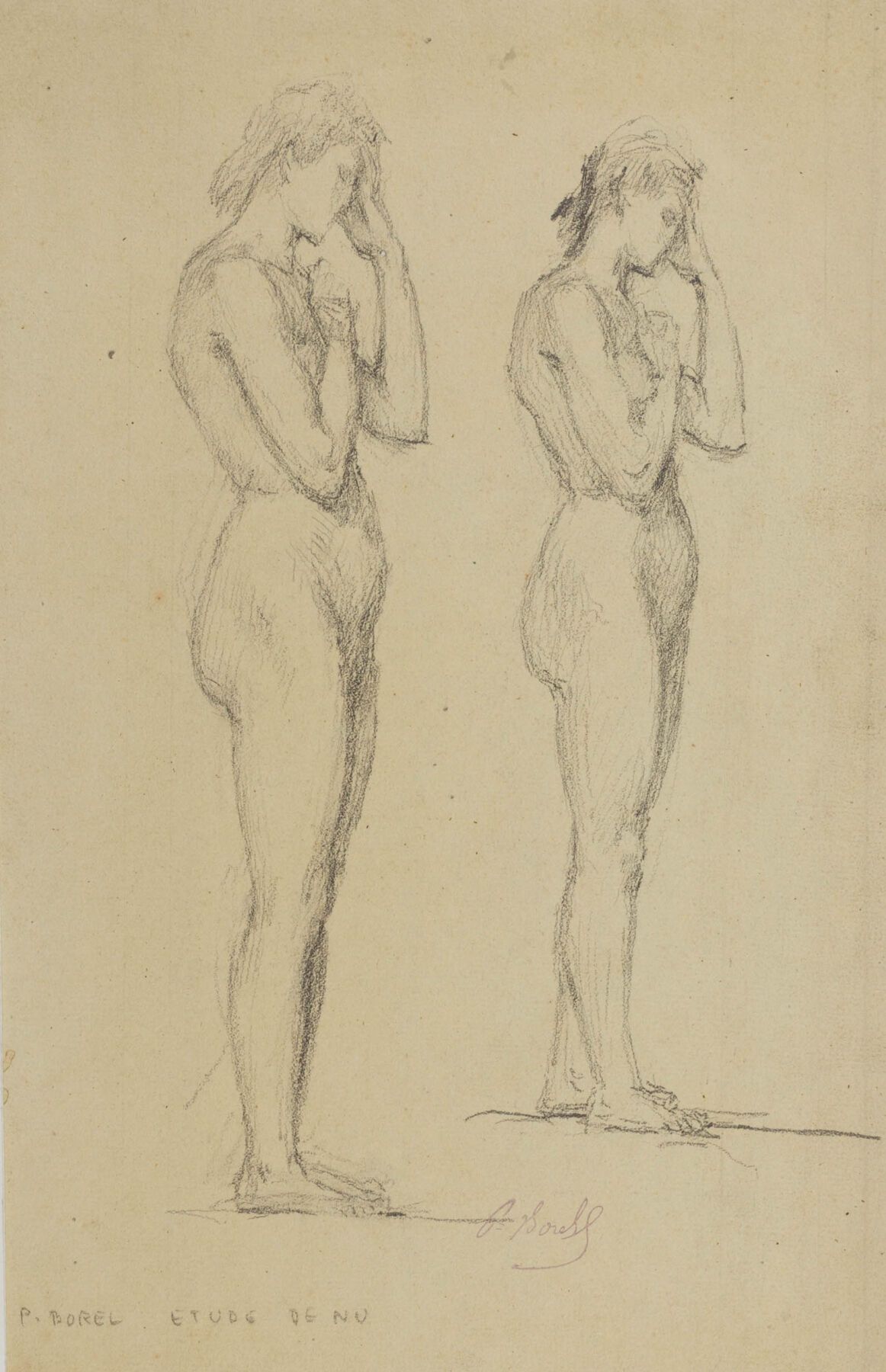 Null Paul BOREL (1828-1913).
Etude de nus.
Dessin.
H_34,7 cm L_22,3 cm