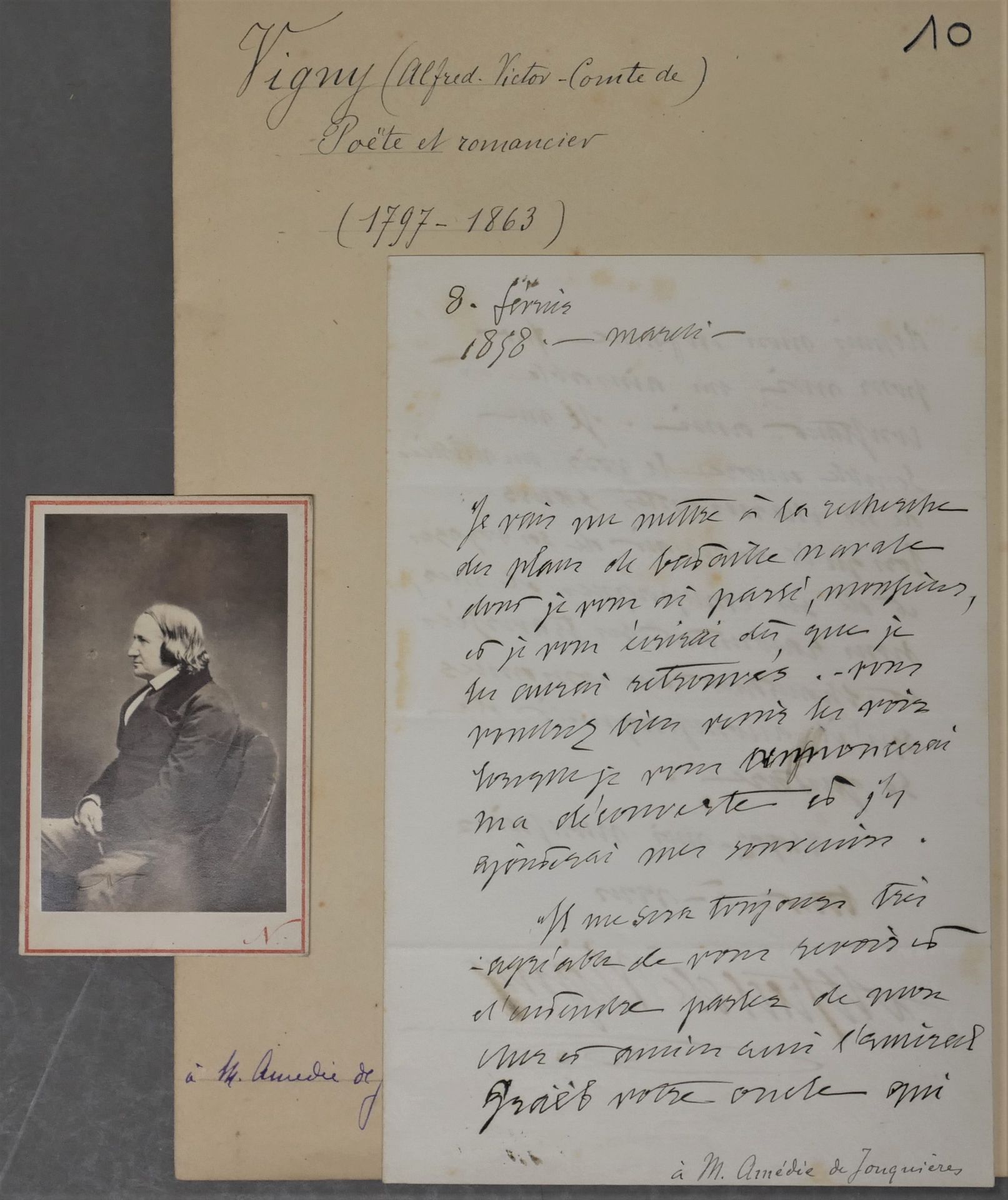 Null 阿尔弗雷德-德维尼。1797-1863.1858年2月8日致Amédée de Jonquières，2页，12页。

他要 "回去寻找[他与他谈过的&hellip;