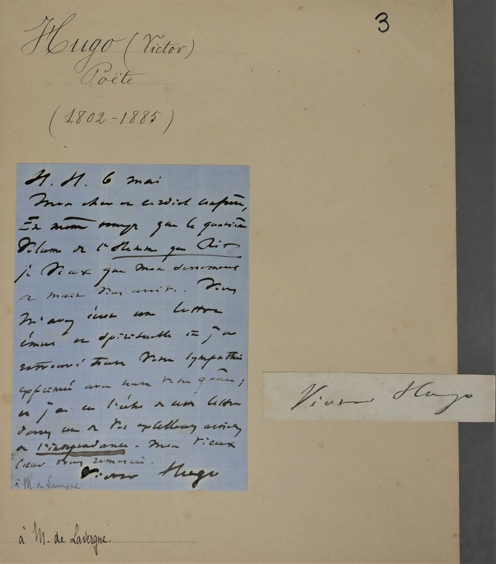 Null 维克托-胡戈，1802-1885。献给剧作家和小说家亚历山大-德-拉沃涅。豪特维尔大厦，5月6日。

亲爱的、亲切的同事......你给我写了一封感人&hellip;