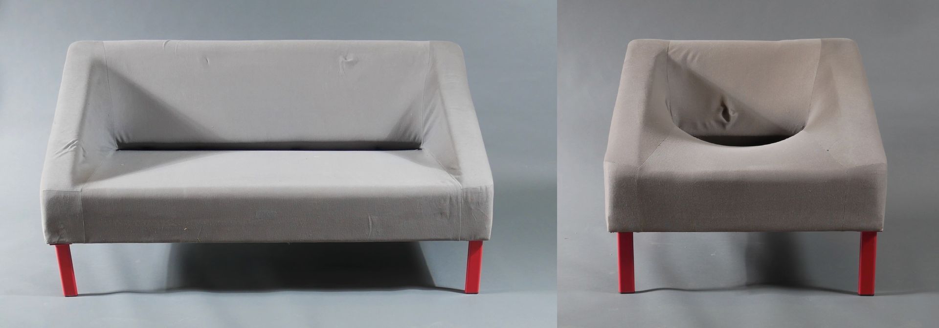 Null *Sofa und Chauffeuse aus Stoff mit rot lackierten Metallfüßen.

Sofa H: 73,&hellip;