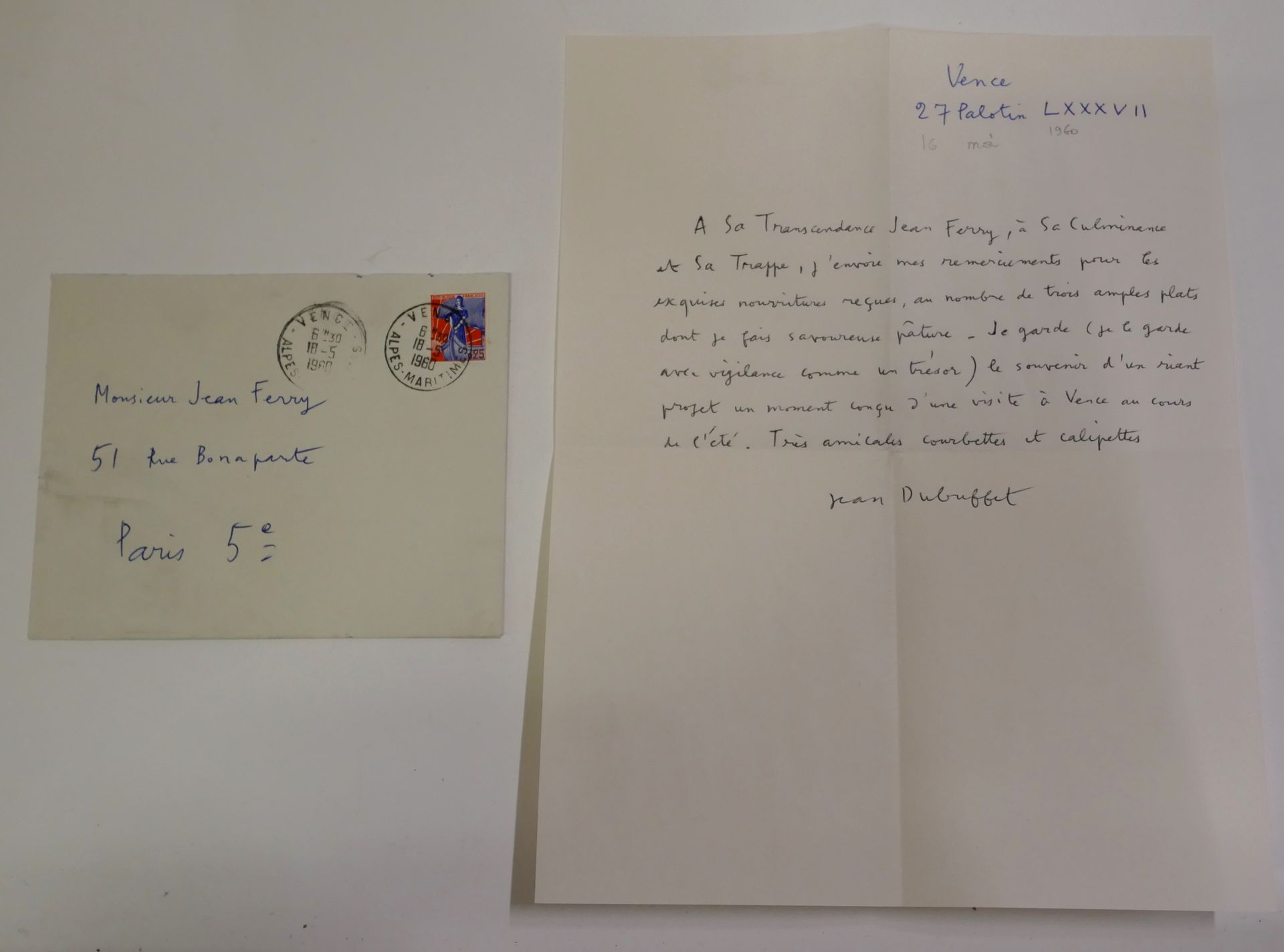 Null Jean DUBUFFET.
Lettre autographe à Jean Ferry, 27 palotin 87 (16 mai 1960).&hellip;