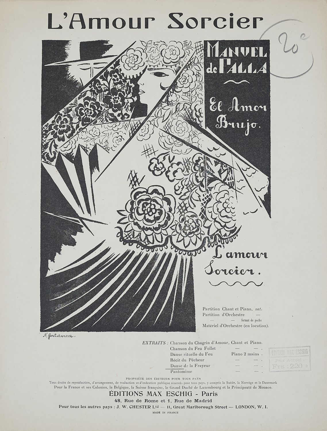 Null 娜塔莉亚-冈察洛娃（1881-1962 年）。
L'amour sorcier. 
乐谱，由 Max Eschig 出版，巴黎（封面有编号）