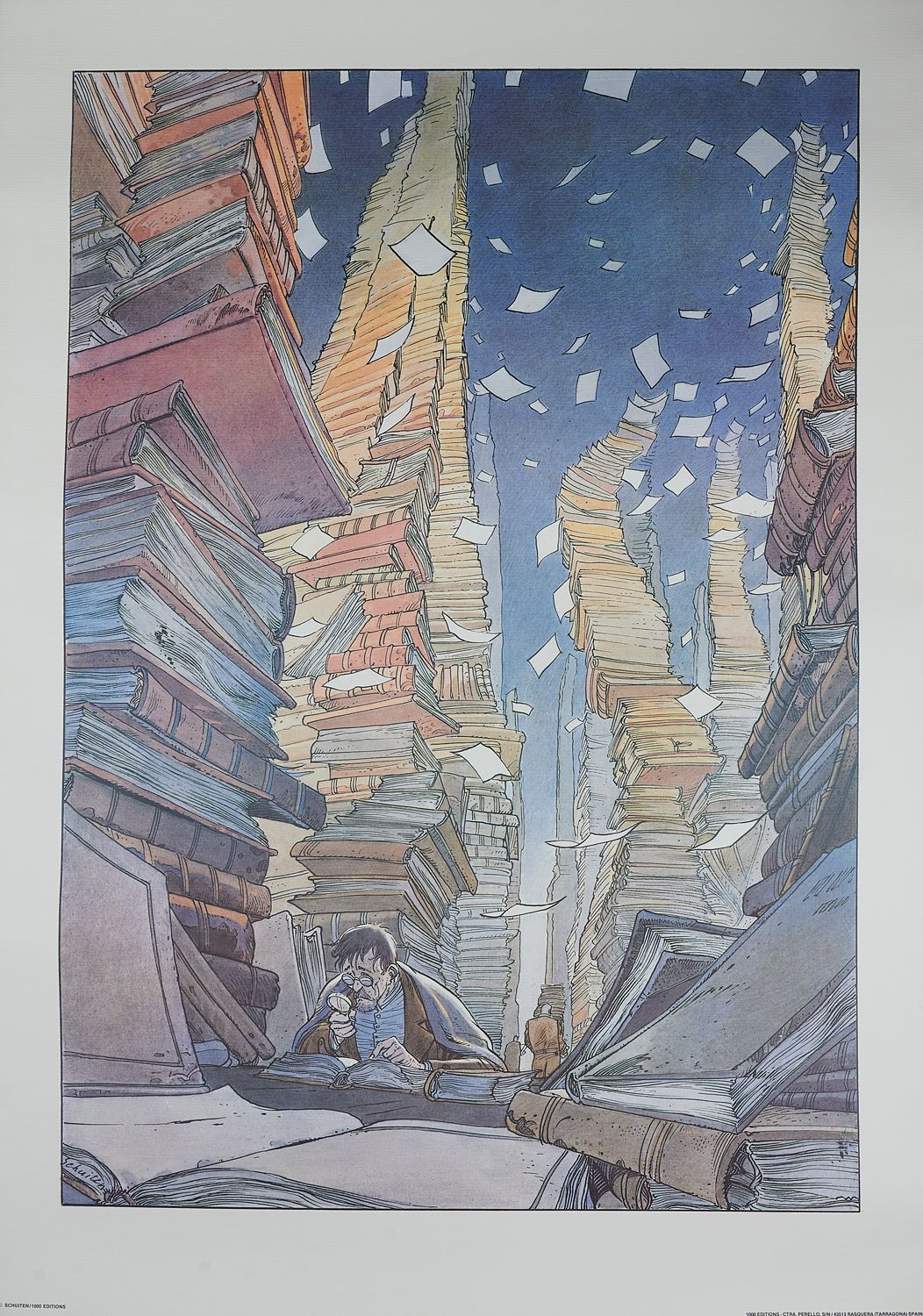 Null 弗朗索瓦-舒伊腾（生于 1956 年）。 
图书馆》。 
彩色石版画海报，裱在帆布上。 
版面：97 x 68.5 厘米