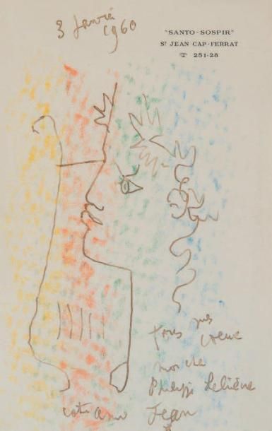 COCTEAU Jean (1889-1963) Portrait d'Orphée portant sa lyre. Dessin à la plume et&hellip;