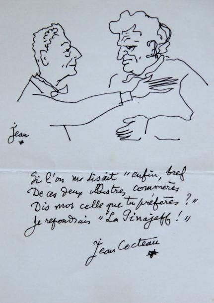 COCTEAU Jean (1889-1963) Très intéressant dessin à l'encre figurant une accolade&hellip;