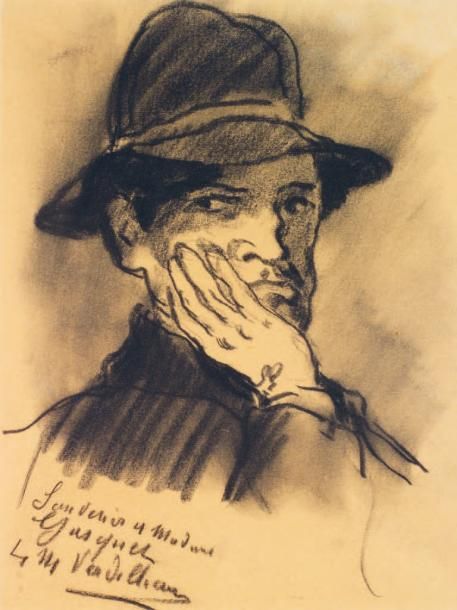 Louis Mathieu VERDILHAN (1875-1928) Portrait d'homme au chapeau Fusain sur papie&hellip;