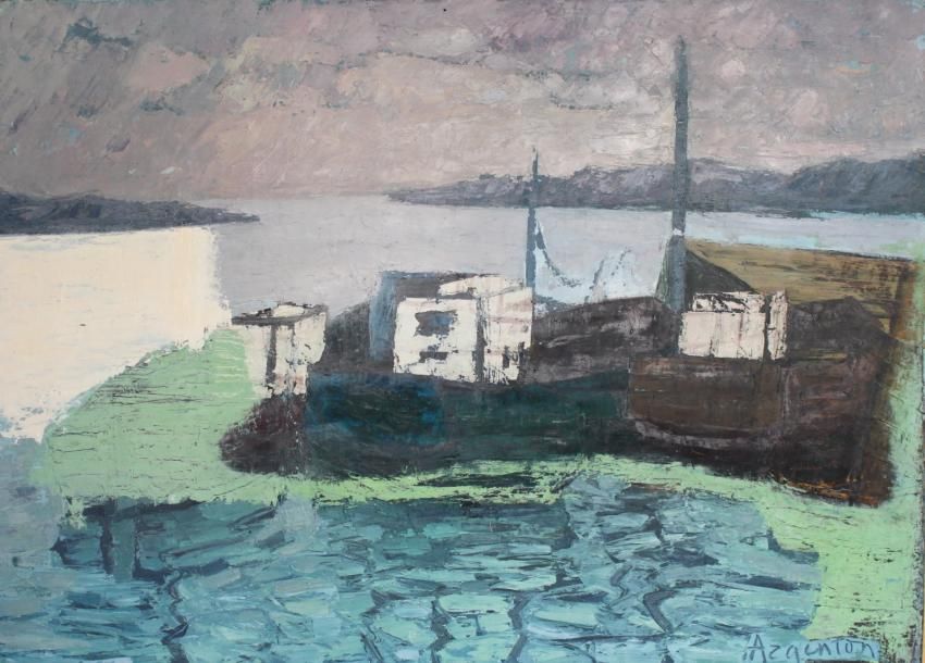 Null Roger ARGENTON (1908-1990) Chalutiers à Belle-Isle sur Mer Huile sur toile &hellip;