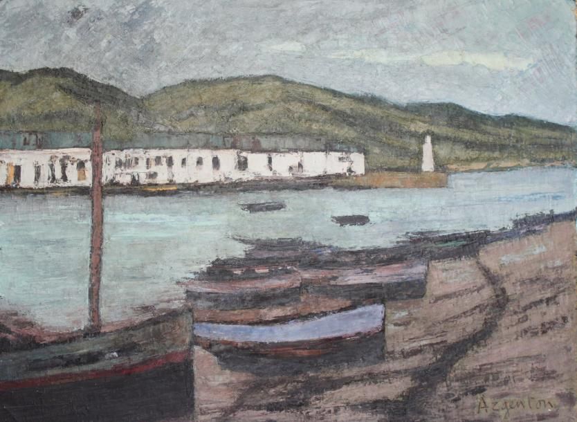 Null Roger ARGENTON (1908-1990) Port breton Huile sur toile signée en bas à gauc&hellip;