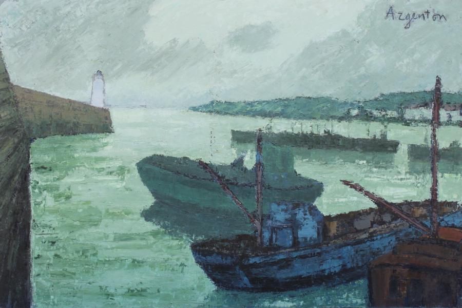 Null Roger ARGENTON (1908-1990) Bateaux de pêche au mouillage à St Quay Huile su&hellip;