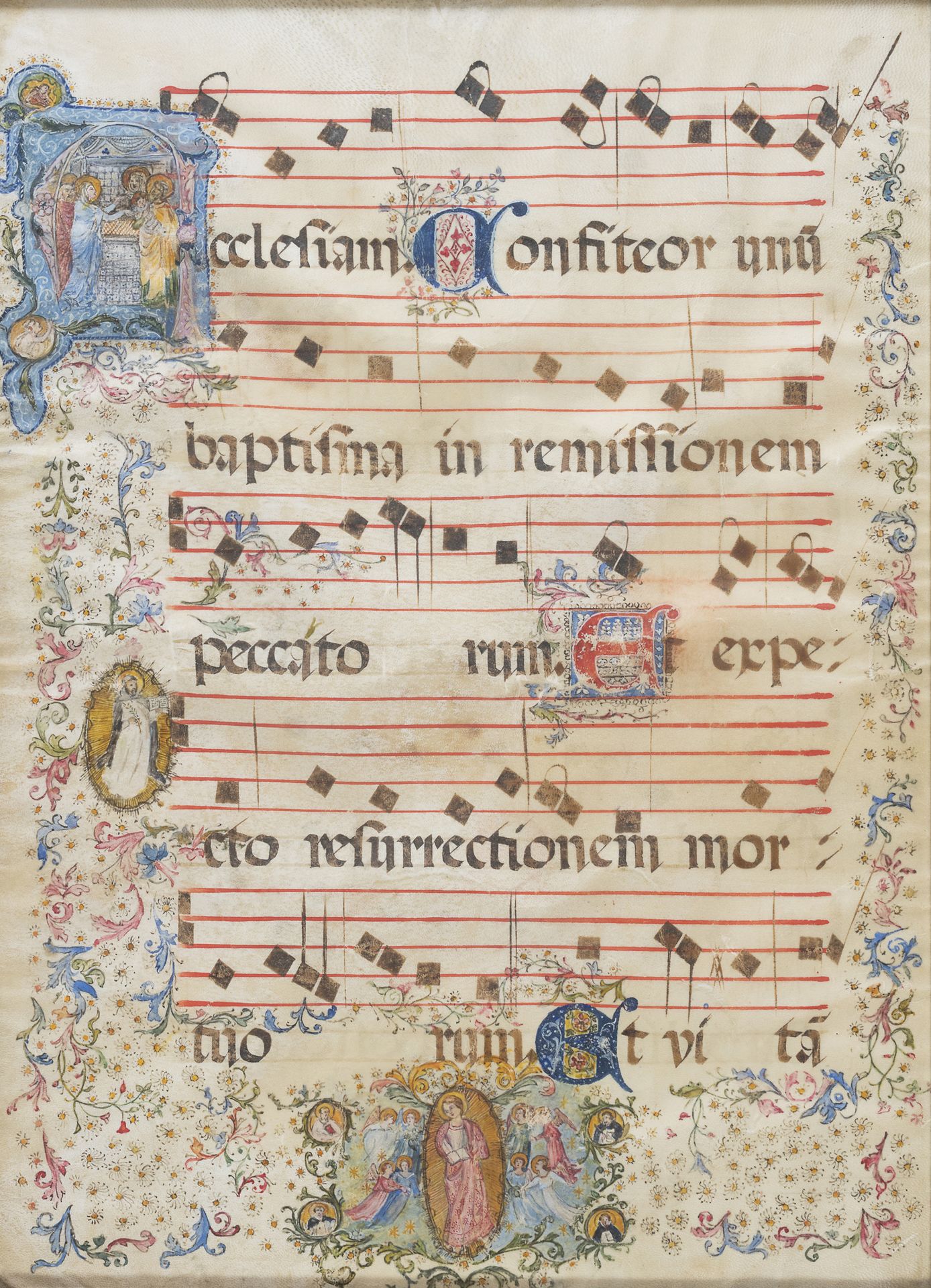 Null 照明的羊皮纸，十七世纪

带乐谱，章节上装饰有《旧约》的图案。

尺寸为52 x 36厘米。

有框。