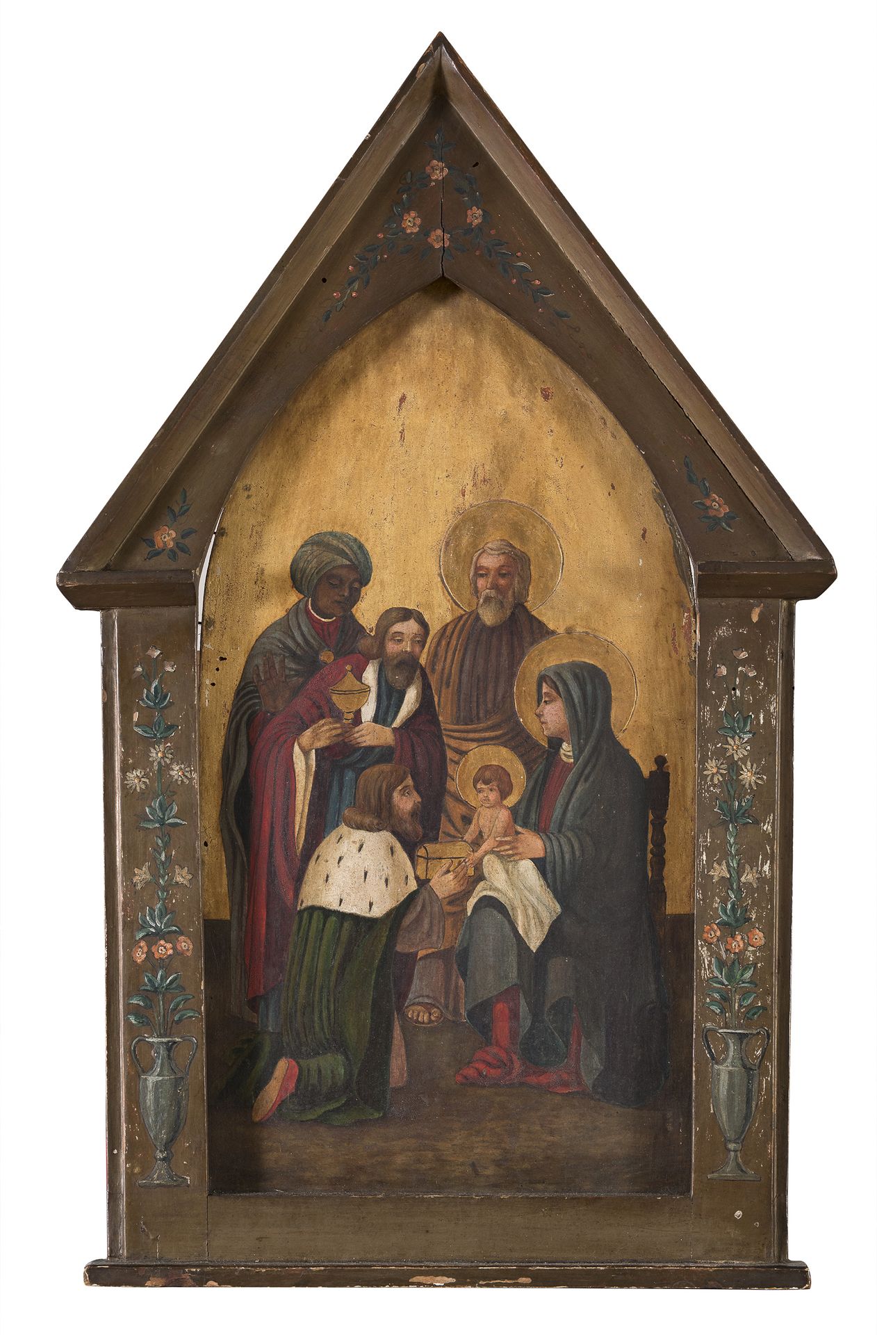 Null 欧洲画家，19世纪末



麦琪的崇拜

硬纸板上的油彩，47 x 24厘米

无符号

十六世纪风格的漆木框架