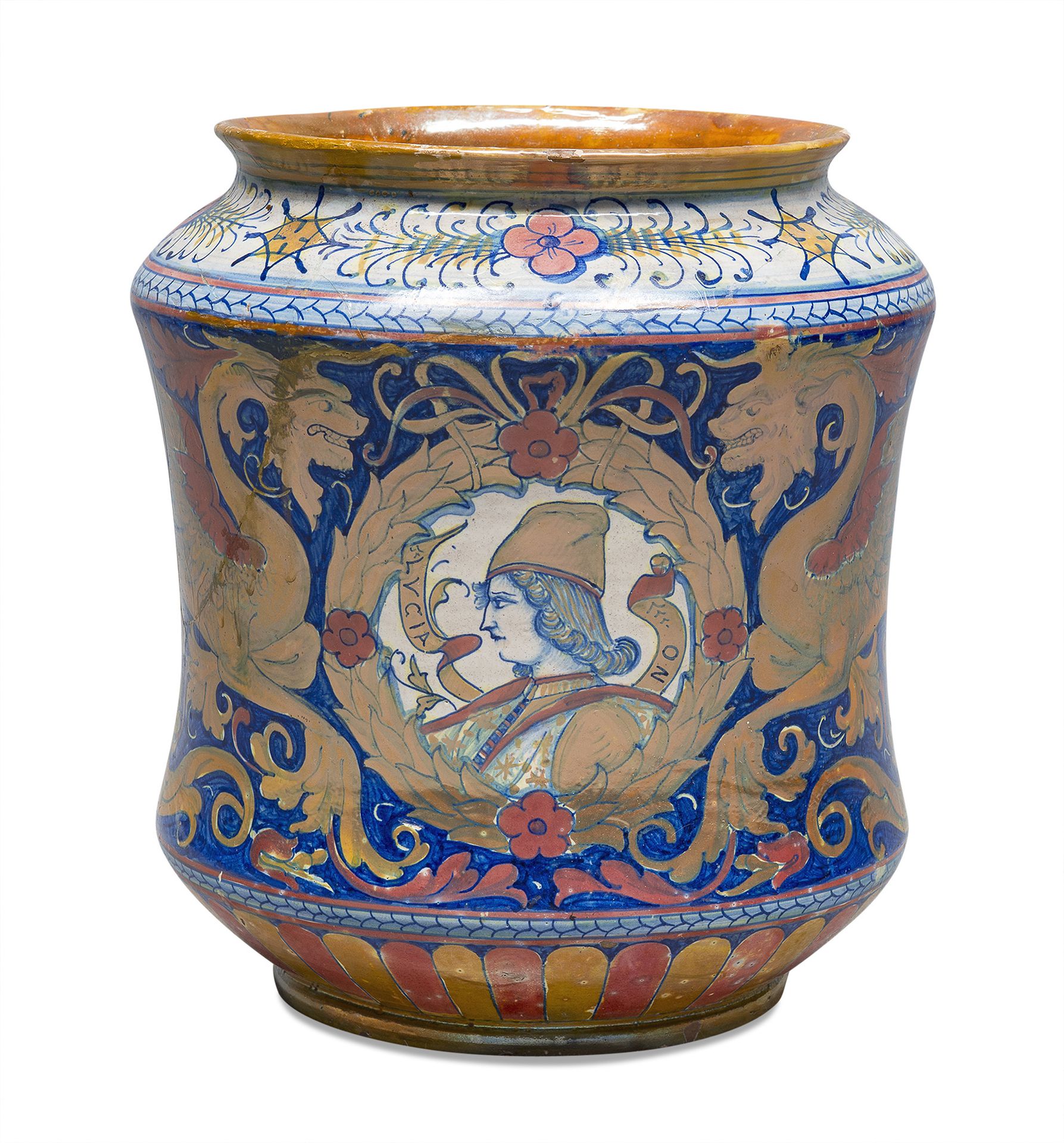 Null 光泽陶瓷花瓶，SANTAELLI 19世纪末

带有钴、金和多色的怪诞装饰和文艺复兴时期的轮廓。

底座下有蓝色标记。

尺寸为30 x 26厘米。
&hellip;