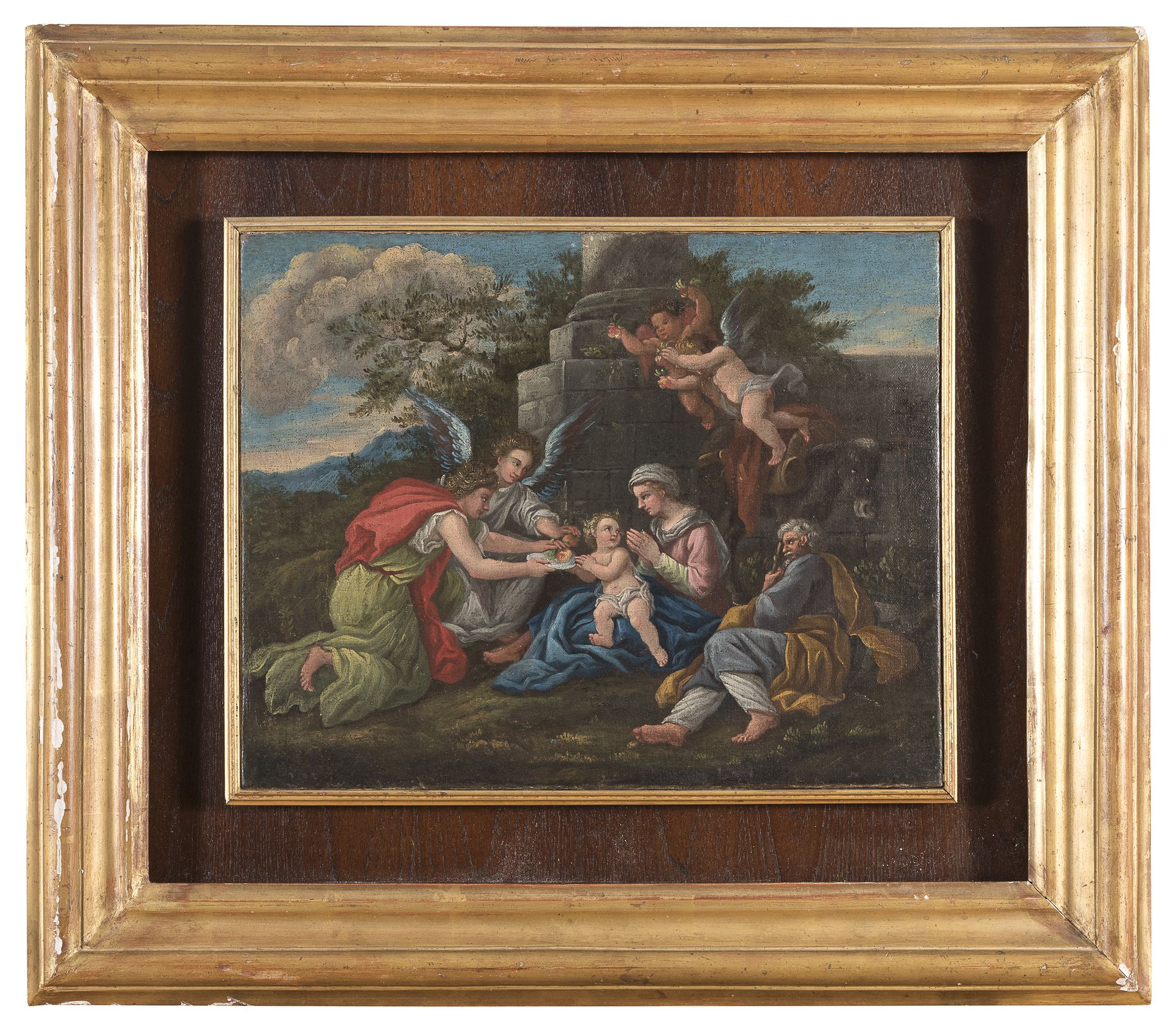 Null 罗马画家，18世纪



在飞往埃及期间的休息

画板上的油彩，35.5 x 44 cm.

有框



画作的状况

一些零散的修复点



框架
&hellip;