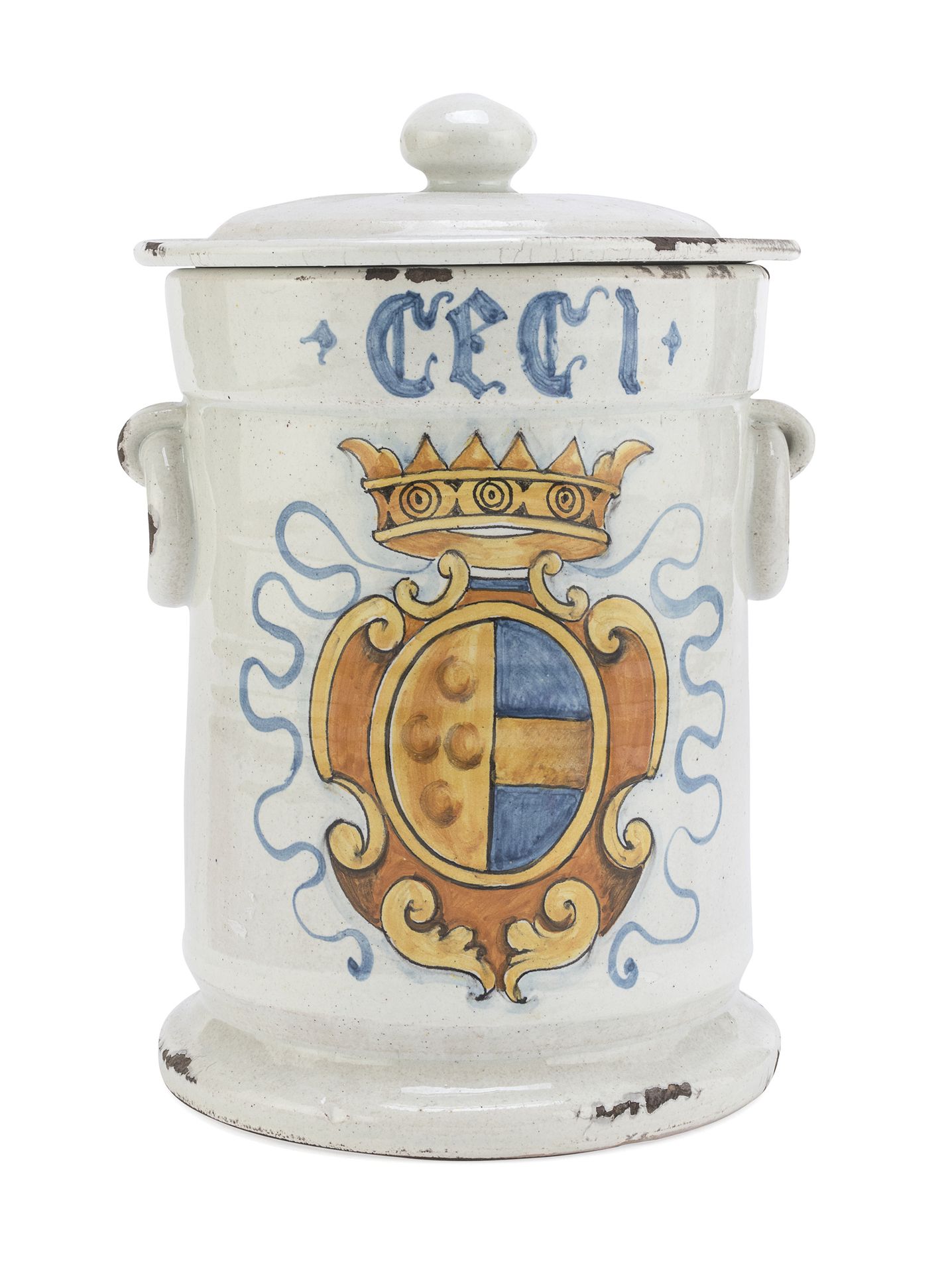 Null 金刚石药剂罐，20世纪

白珐琅，有家族徽章的多色装饰。

尺寸为25 x 18厘米。