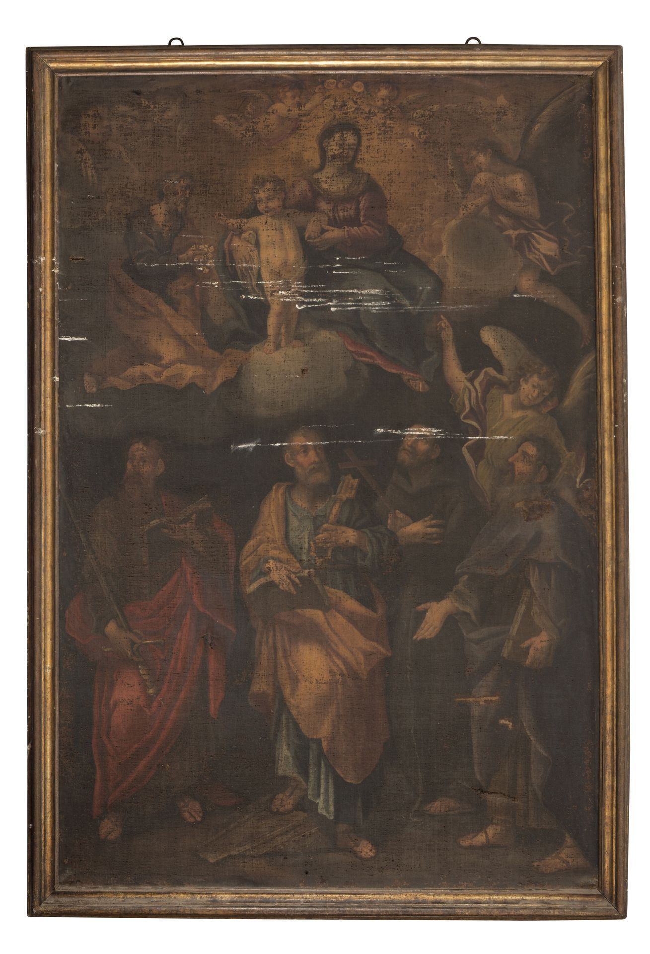 Null 画家意大利中部，18世纪



圣家和圣徒的显灵

布面油画，cm. 219 x 145



画作的状况

在第一块帆布上。右边有两个修补过的修复物&hellip;
