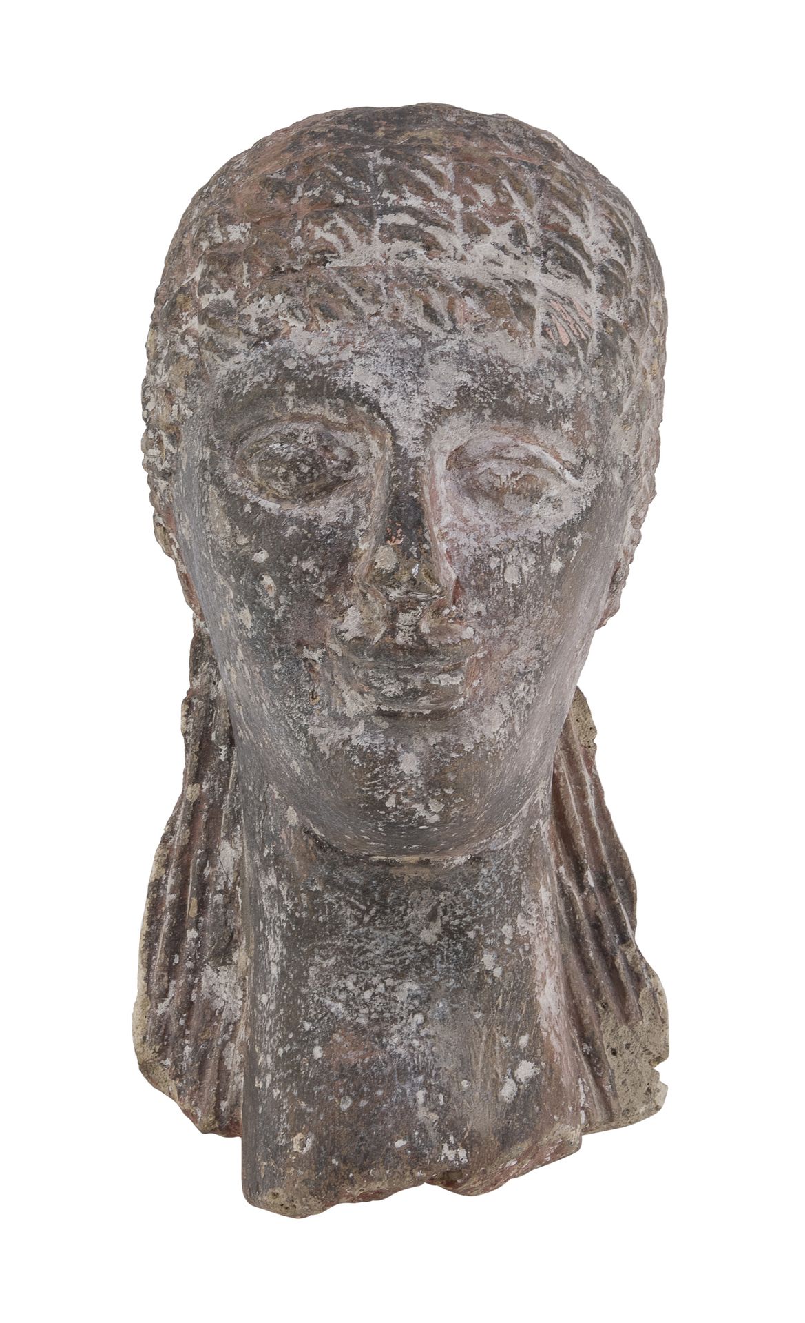 Null 复合材料的头部，埃特鲁斯坎风格，20世纪

在红色和灰色的螺栓中，描绘了具有典型头发的神灵。

尺寸为27 x 14 x 18厘米。