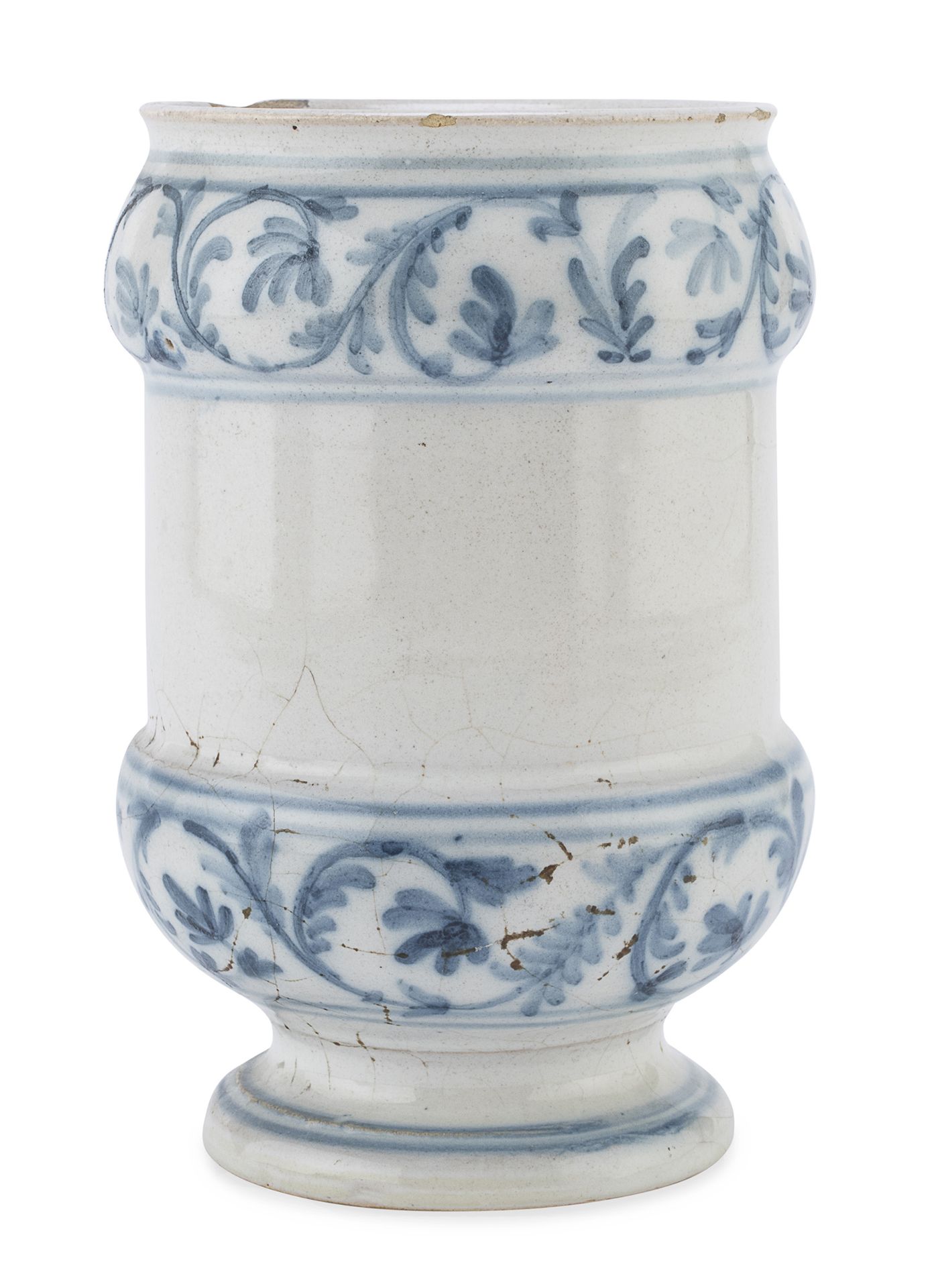 Null 瓷器的药罐，19世纪

白色和蓝色珐琅，有扭曲的花纹的双带装饰。

尺寸为17 x 12厘米。

裂缝。
