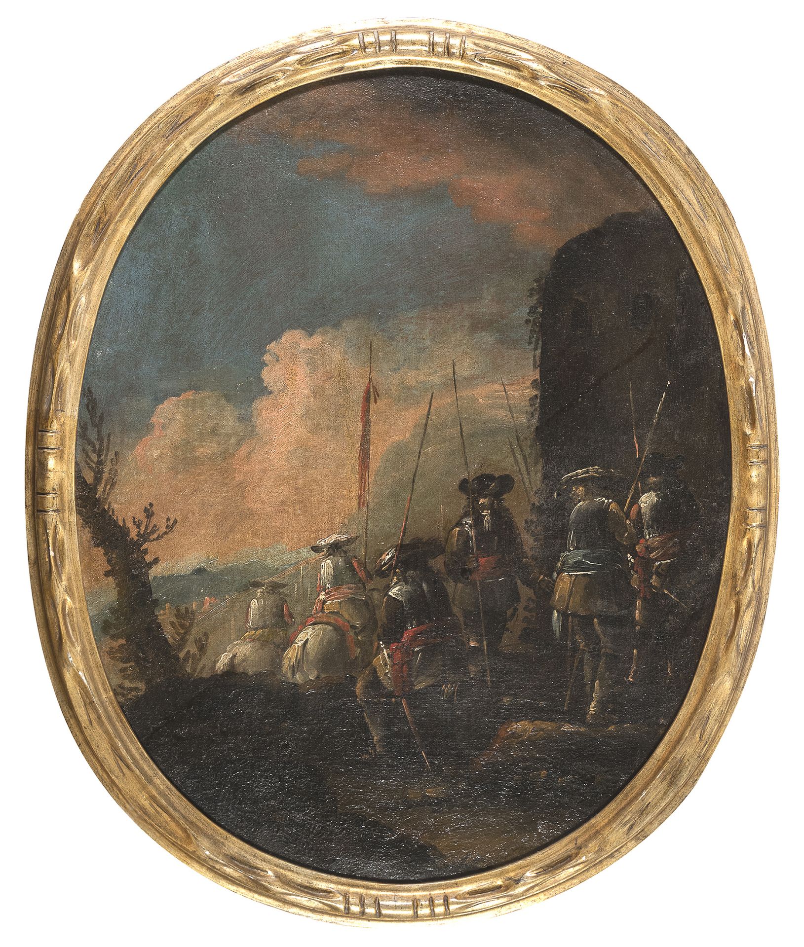 Null ANTONIO MARIA MARINI, 讲习班

(威尼斯1668 - 1725)



侦察中的士兵和骑兵的景观

椭圆形画布上的油彩，cm. &hellip;