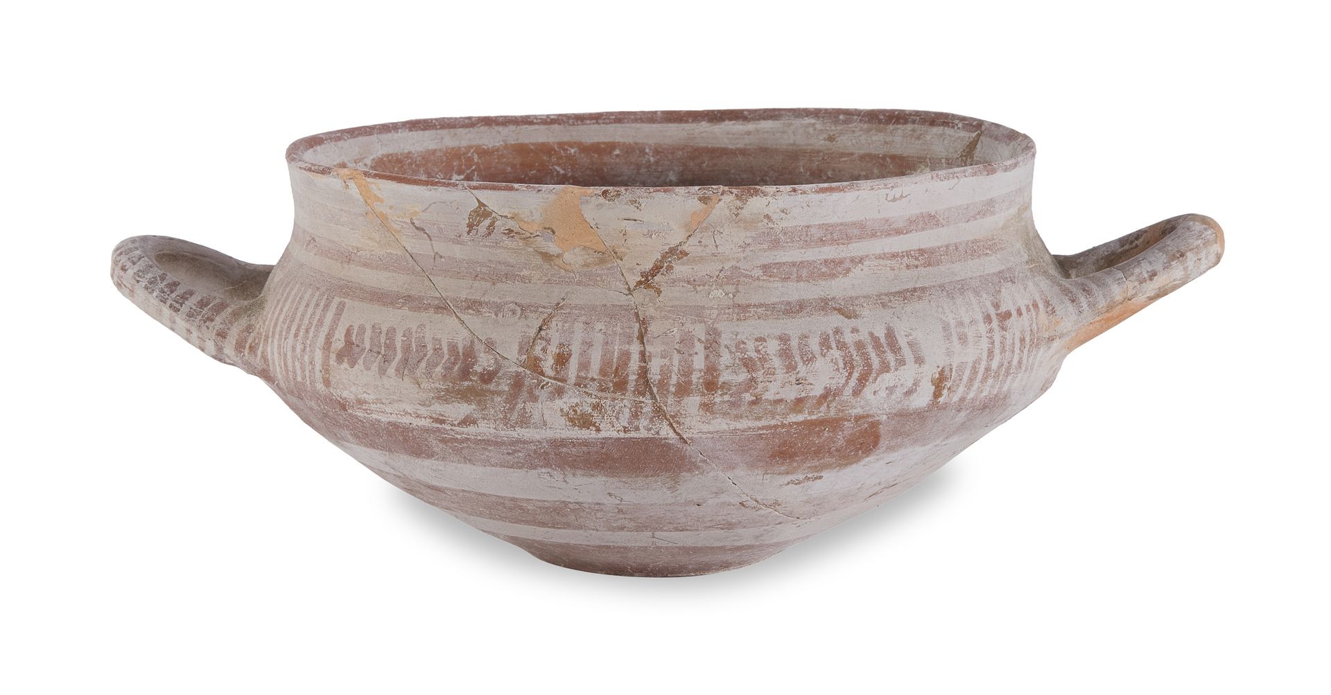 Null 科泰尔，公元前5-5世纪

在粉红色的粘土中。球状体，有明显的肩部和光滑的垂直边缘，水平的棒状把手，凸起的底座。纵向线条和横向平行带的几何装饰被涂上了&hellip;
