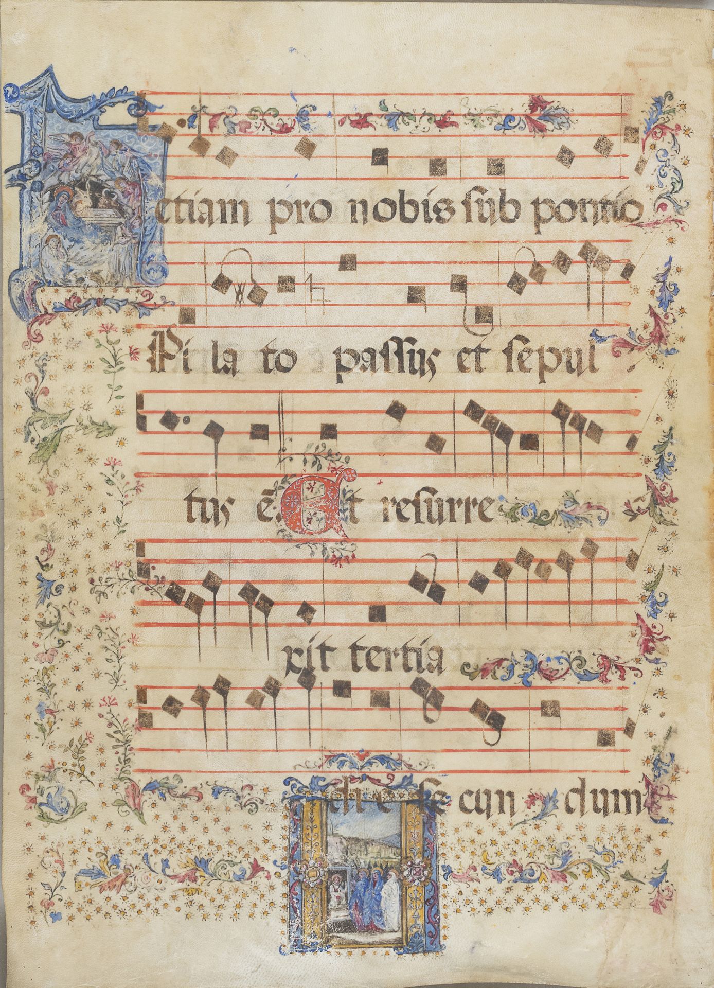 Null 照明的羊皮纸，十七世纪

带乐谱，章节上装饰有《旧约》的图案。

尺寸为55 x 37厘米。

有框。