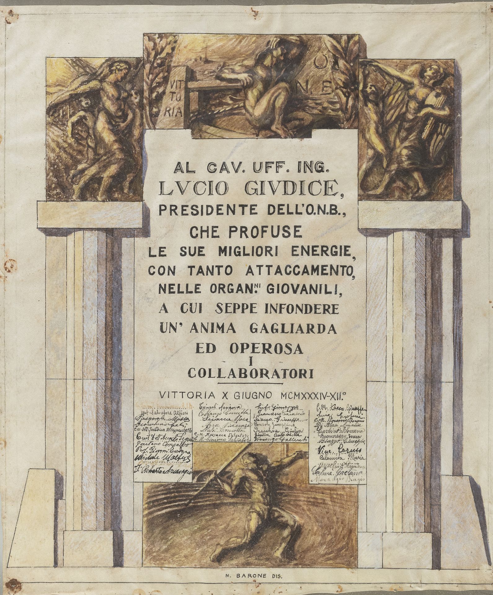 Null 羊皮纸上的荣誉，日期为1934年

给骑兵队的卢西奥-朱迪斯，有一幅标枪投手的水彩画。

签名'N。男爵"，底部中央。

有框